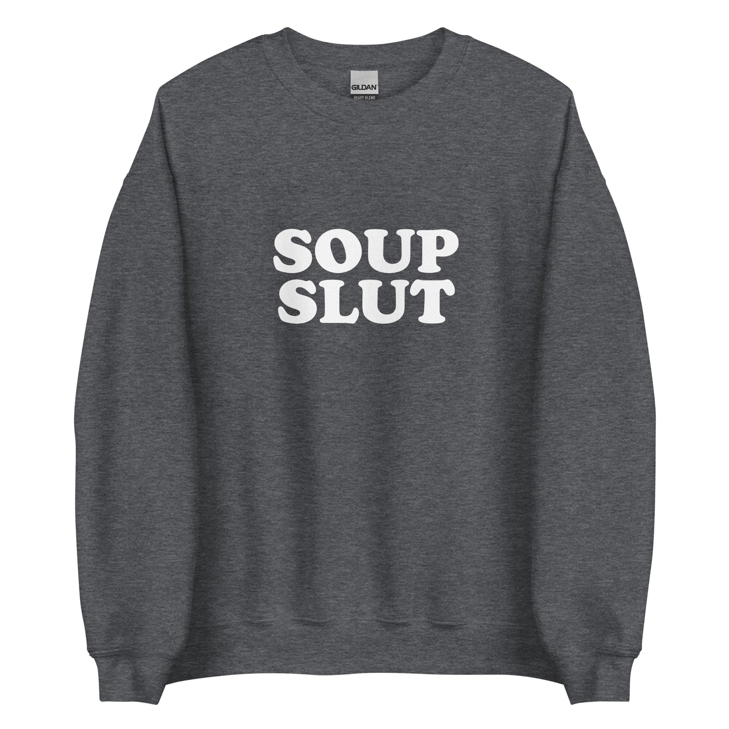 Dark Gray  soup slut sweatshirt from Nina's Funky Shop by ninanush - Do you love soup? Looking for a funny gift for a friend? Our Soup Slut Sweatshirt is soft, comfortable and just what you need. It's a unisex foodie sweatshirt that comes in a variety of colors with "soup slut", expertly printed on the front. A perfect funny foodie sweatshirt for cozy nights in or stand out soup lover streetwear.