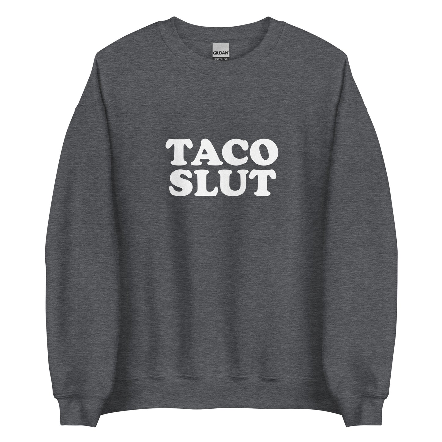 Dark Gray Taco Slut Sweatshirt from Nina's Funky Shop by ninanush - Do you love tacos? Looking for a funny gift for a friend? Our Taco Slut Crew Neck Sweatshirt is soft, comfortable and just what you need. A funny foodie sweatshirt for cozy nights in or stand out taco lover streetwear. This taco enthusiast sweatshirt is bold and made just for you. Eat tacos and celebrate your favorite foods.