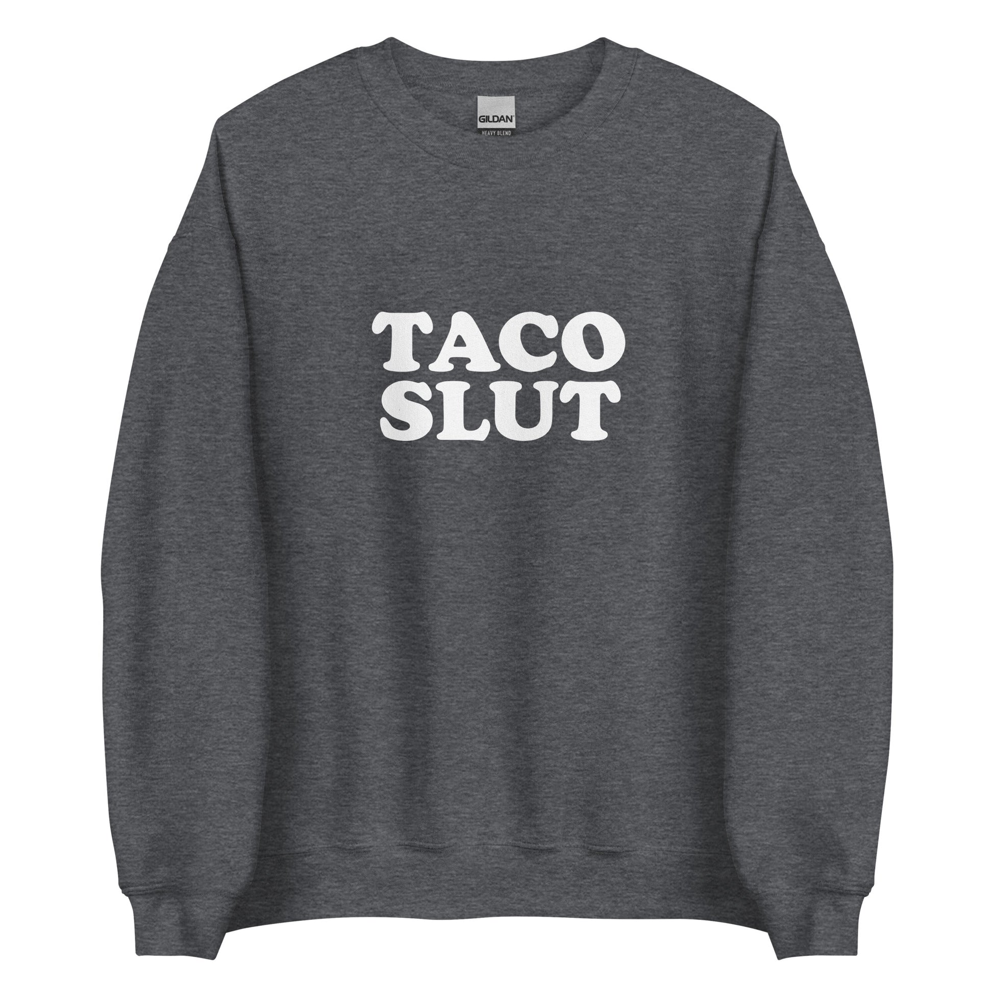 Dark Gray Taco Slut Sweatshirt from Nina's Funky Shop by ninanush - Do you love tacos? Looking for a funny gift for a friend? Our Taco Slut Crew Neck Sweatshirt is soft, comfortable and just what you need. A funny foodie sweatshirt for cozy nights in or stand out taco lover streetwear. This taco enthusiast sweatshirt is bold and made just for you. Eat tacos and celebrate your favorite foods.