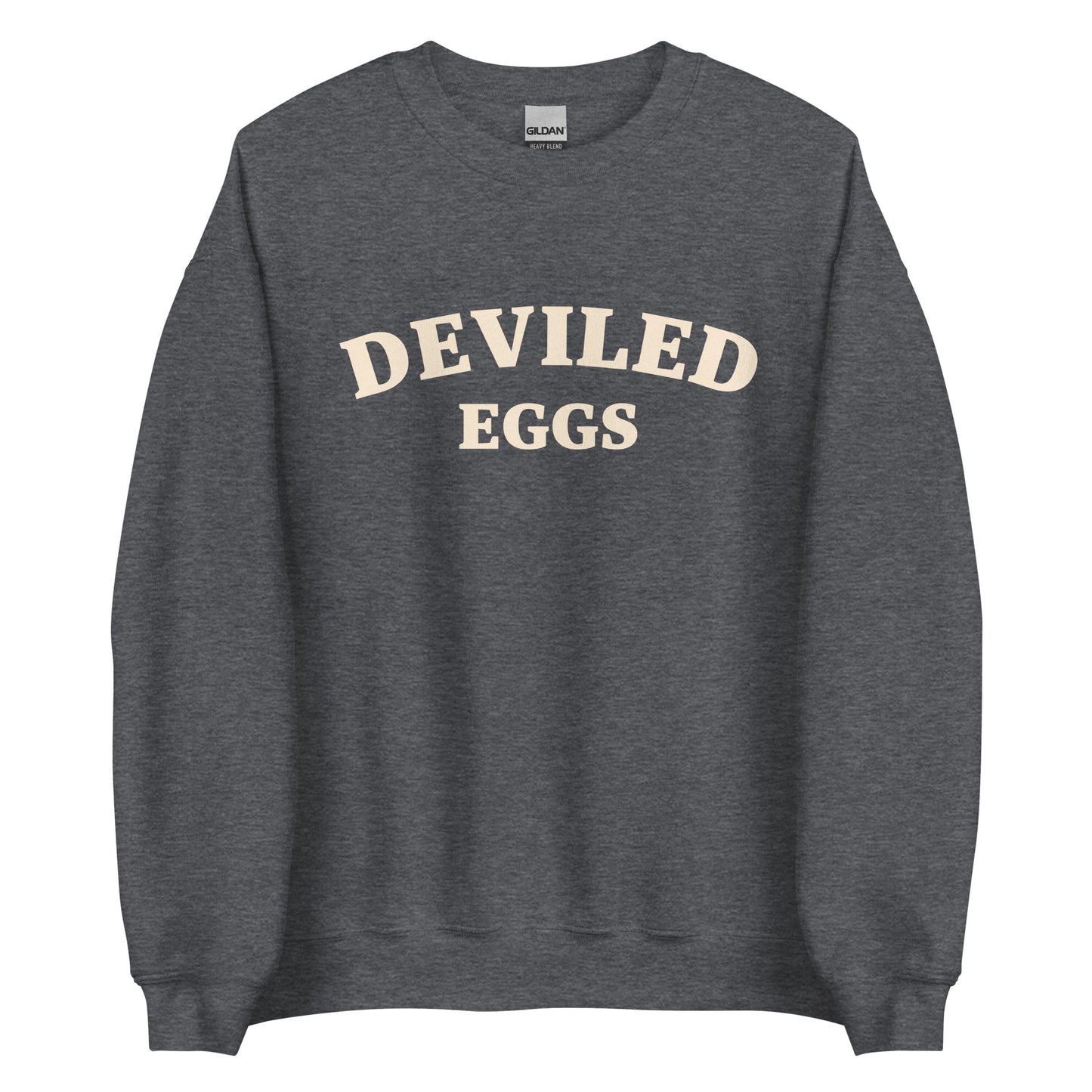 Dark Gray Deviled Eggs Sweatshirt from Nina's Funky Shop by ninanush - Love Deviled eggs? Looking for a funny foodie gift? A funny college style deviled egg sweatshirt for foodies and beyond. It's a soft and comfortable crew neck sweatshirt with a unique and funny food design. A perfect sweatshirt for deviled egg lovers and quirky gift for foodies. Eat deviled eggs and make a statement. It's funny, weird and sure to turn heads.