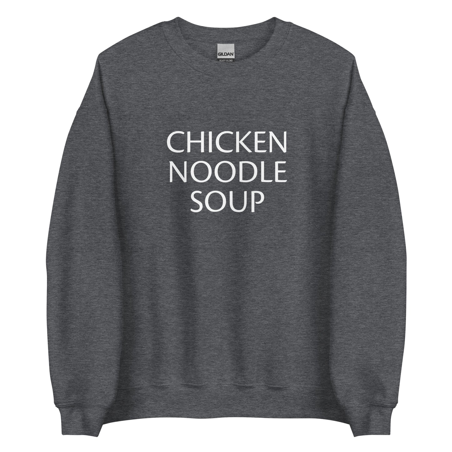 Dark Gray Chicken Noodle Soup Sweatshirt from Nina's Funky Shop by ninanush - Do you love soup? Looking for a funny gift for a friend? Our Chicken Noodle Soup Crewneck Sweatshirt is soft, comfortable and just what you need. It's a unisex foodie sweatshirt that comes in a variety of colors with "Chicken Noodle Soup", expertly printed on the front. A perfect funny foodie sweatshirt for cozy nights in or stand out soup lover streetwear. This soup enthusiast sweatshirt is made just for you.