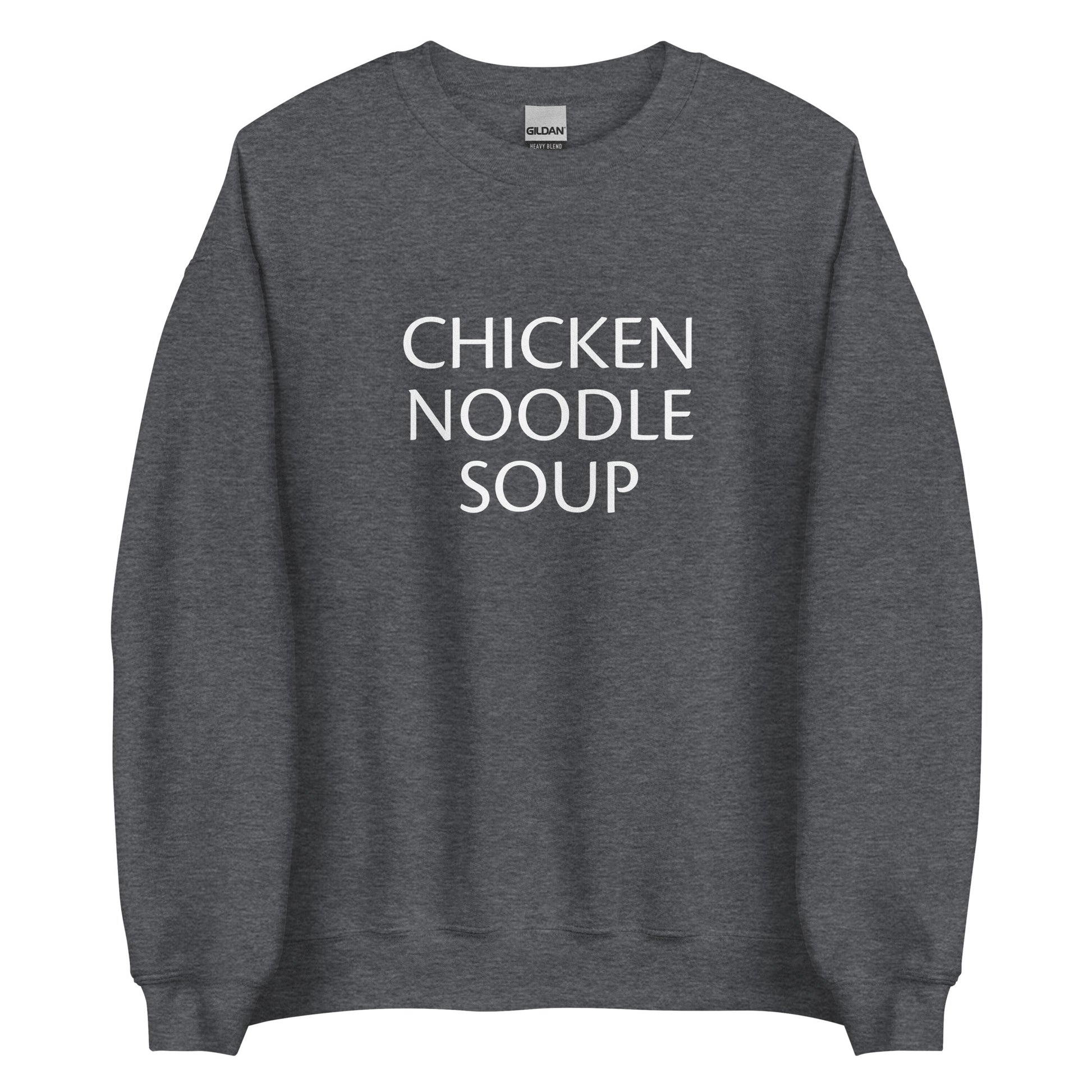 Dark Gray Chicken Noodle Soup Sweatshirt from Nina's Funky Shop by ninanush - Do you love soup? Looking for a funny gift for a friend? Our Chicken Noodle Soup Crewneck Sweatshirt is soft, comfortable and just what you need. It's a unisex foodie sweatshirt that comes in a variety of colors with "Chicken Noodle Soup", expertly printed on the front. A perfect funny foodie sweatshirt for cozy nights in or stand out soup lover streetwear. This soup enthusiast sweatshirt is made just for you.