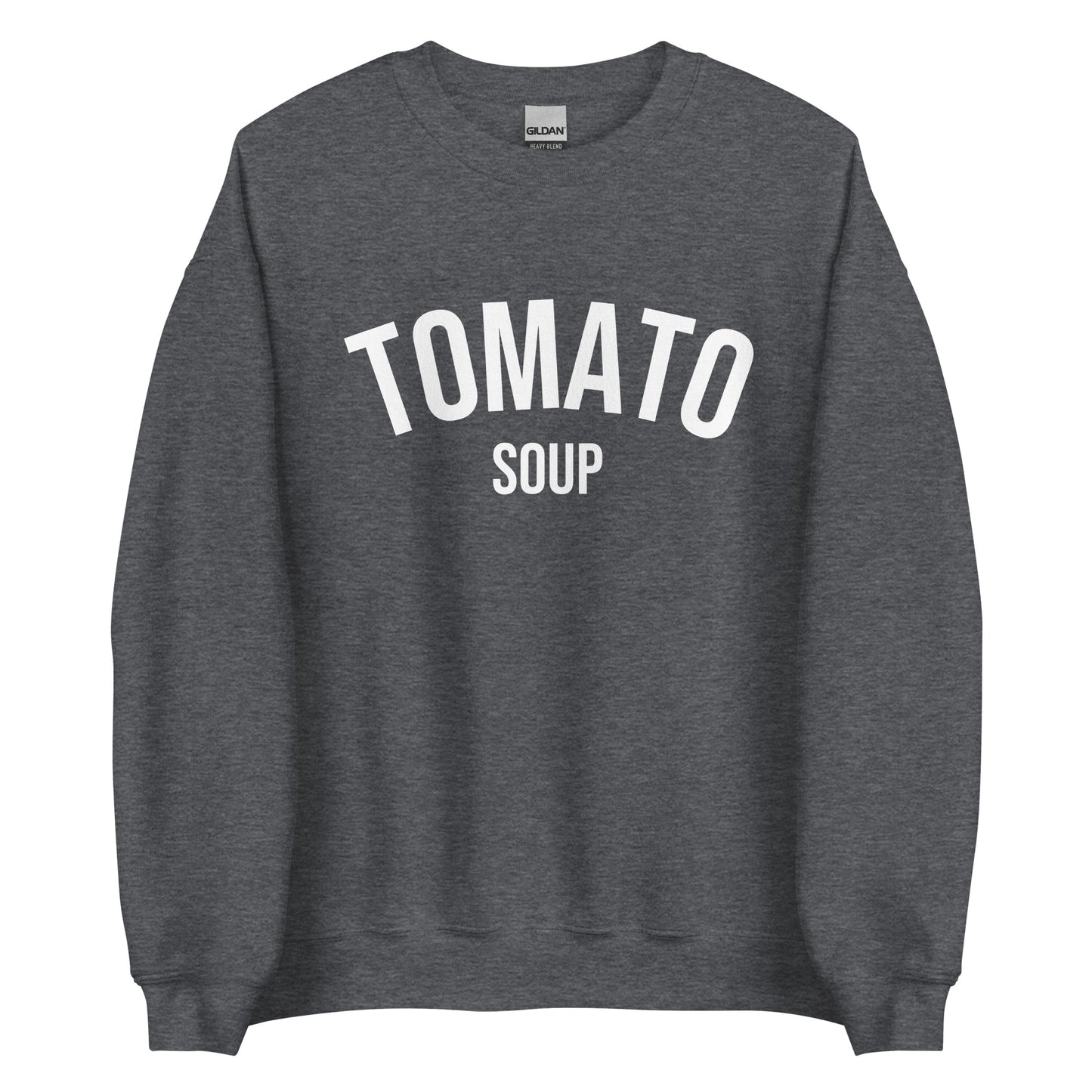 Dark Gray Tomato Soup Sweatshirt from Nina's Funky Shop by ninanush - Do you love soup? Looking for a funny gift for a friend? Our Tomato Soup Crewneck Sweatshirt is soft, comfortable and just what you need. It's a unisex soup lover sweatshirt that comes in a variety of colors with "tomato soup", expertly printed on the front. A funny foodie sweatshirt for cozy nights in or stand out funky streetwear.