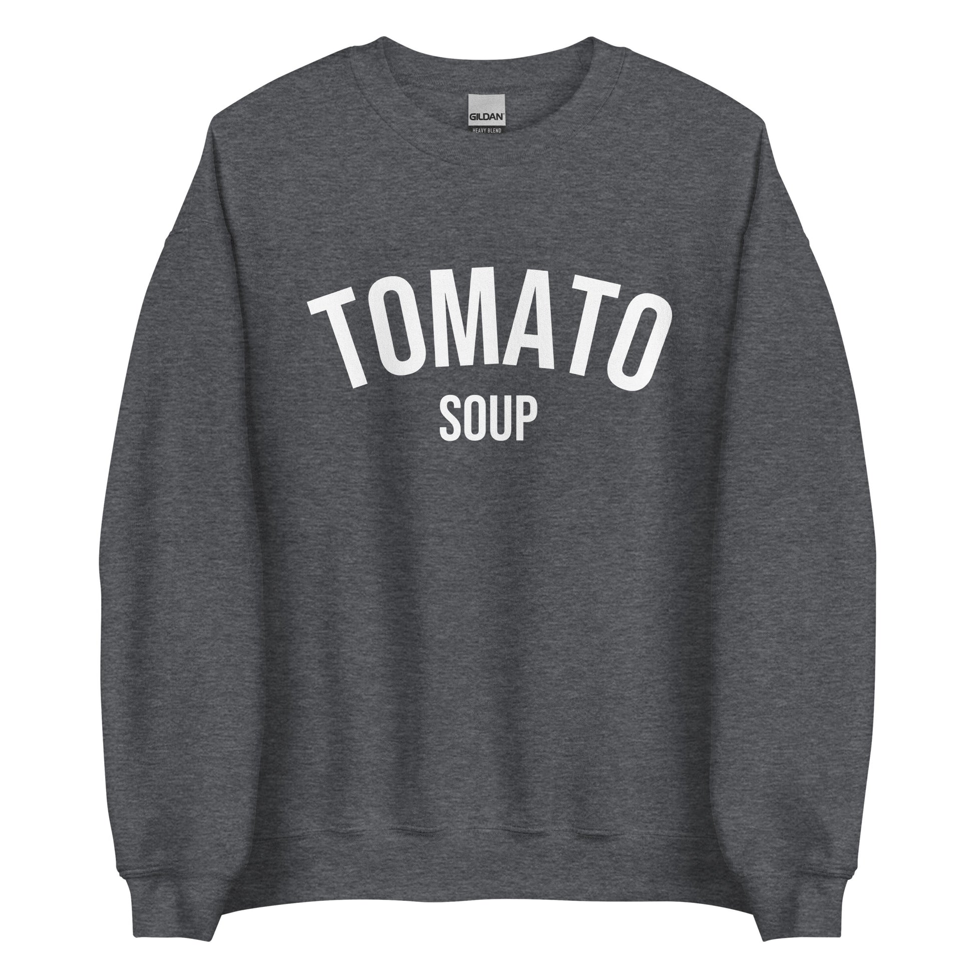 Dark Gray Tomato Soup Sweatshirt from Nina's Funky Shop by ninanush - Do you love soup? Looking for a funny gift for a friend? Our Tomato Soup Crewneck Sweatshirt is soft, comfortable and just what you need. It's a unisex soup lover sweatshirt that comes in a variety of colors with "tomato soup", expertly printed on the front. A funny foodie sweatshirt for cozy nights in or stand out funky streetwear.