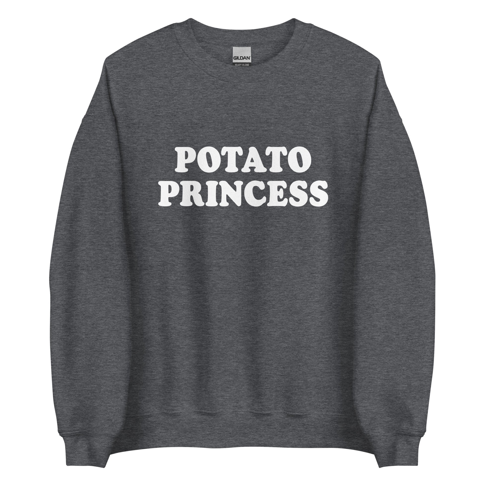 Dark Gray potato princess crewneck sweatshirt from Nina's Funky Shop by ninanush - Do you love potatoes? Looking for a funny gift for a friend? Our Potato Crewneck Sweatshirt is just what you need. It's a unisex potato sweatshirt with "Potato Princess" on the front. A funny foodie sweatshirt for cozy nights in or stand out potato lover streetwear. This potato enthusiast sweatshirt is bold and made just for you.