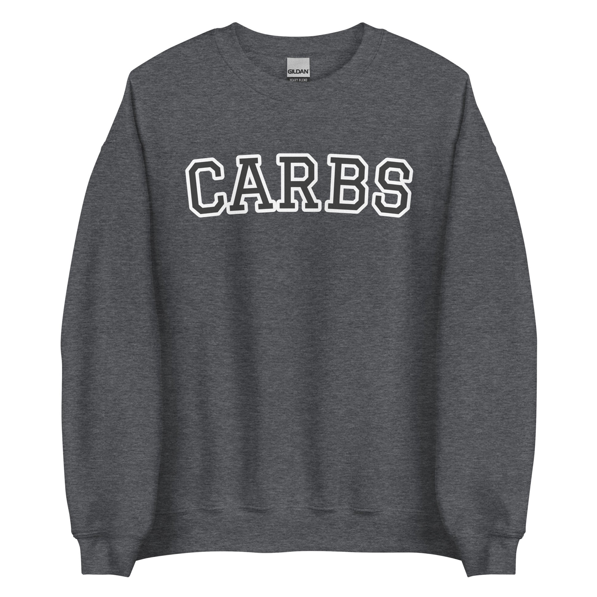 Dark Gray Carb Sweatshirt from Nina's Funky Shop by ninanush - Do you love carbs? Looking for a funny foodie gift? Our Carbs Crewneck Sweatshirt is soft, comfortable and just what you need. It's a unisex food lover sweatshirt that comes in a variety of colors with "Carbs", expertly printed on the front in bold letters. A funny foodie sweatshirt or quirky streetwear for carb enthusiasts.