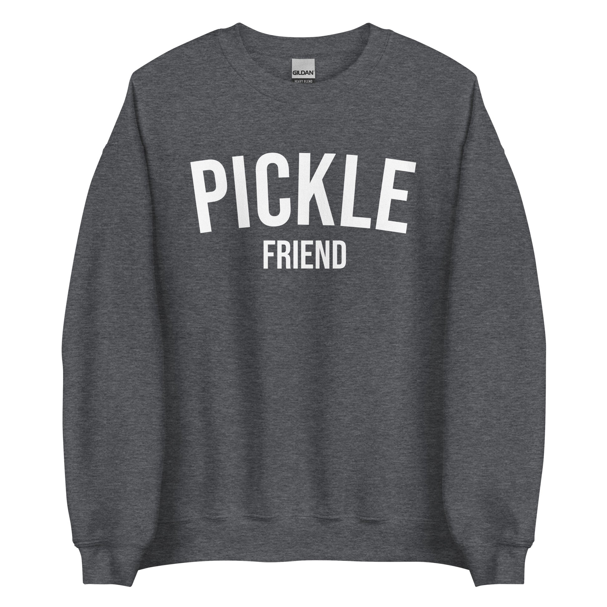 Dark Gray Pickle Friend Sweatshirt from Nina's Funky Shop by ninanush - Love pickles? Looking for a funny pickle gift? Our Pickle Friend Crewneck Sweatshirt is just what you need. It's a unisex pickle sweatshirt with "Pickle Friend" on the front. A funny foodie sweatshirt or quirky streetwear for pickle lovers. This varsity style pickle sweatshirt is designed by Nina and made just for you.