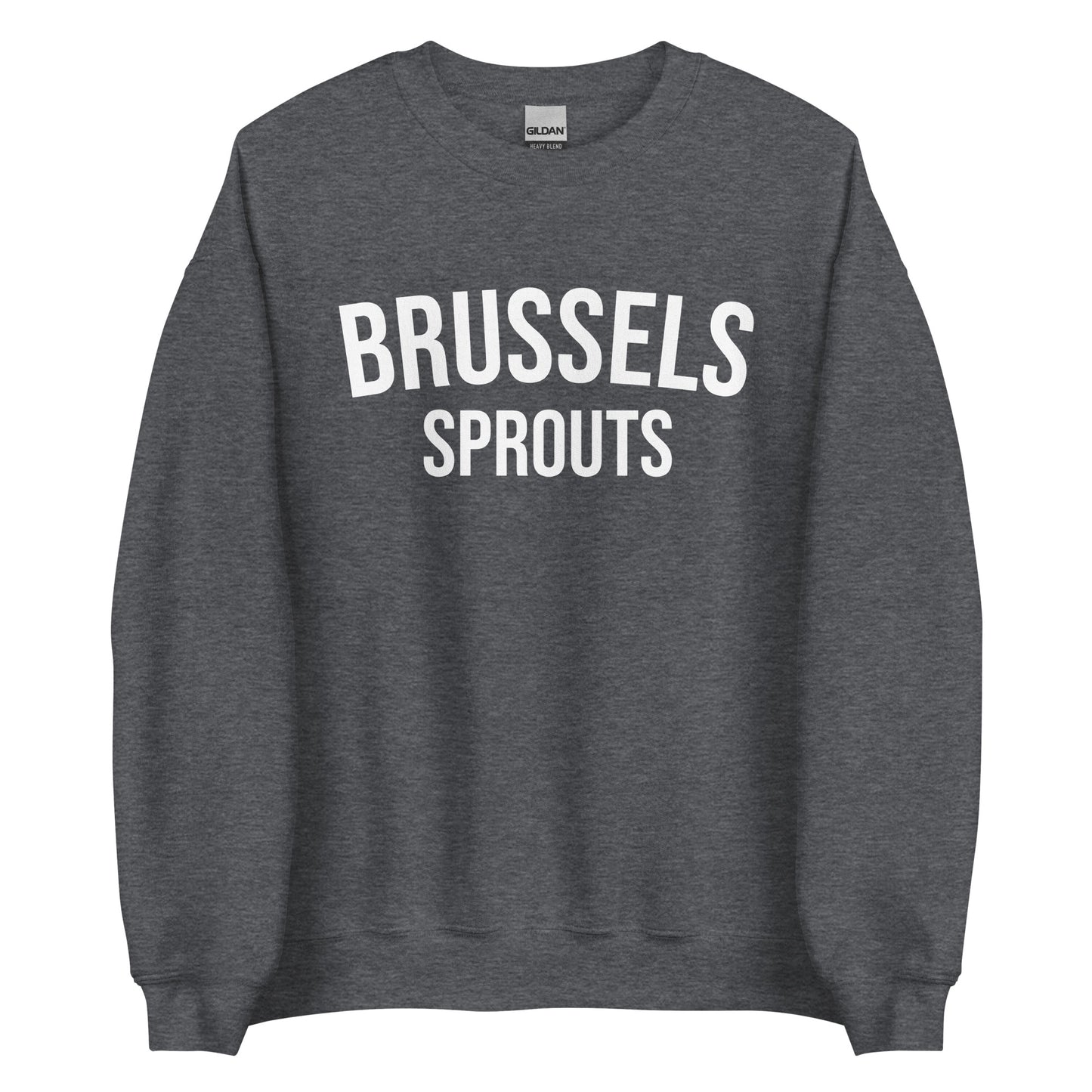 Dark Gray Brussels Sprouts Sweatshirt from Nina's Funky Shop by ninanush - Do you love Brussels sprouts? Looking for a funny foodie gift? Our Brussels Sprouts Crewneck Sweatshirt is just what you need. It's a unisex unique sweatshirt with "Brussels Sprouts" on the front. A funny foodie sweatshirt for Brussels Sprouts enthusiasts. This varsity style pickle sweatshirt is designed by Nina.