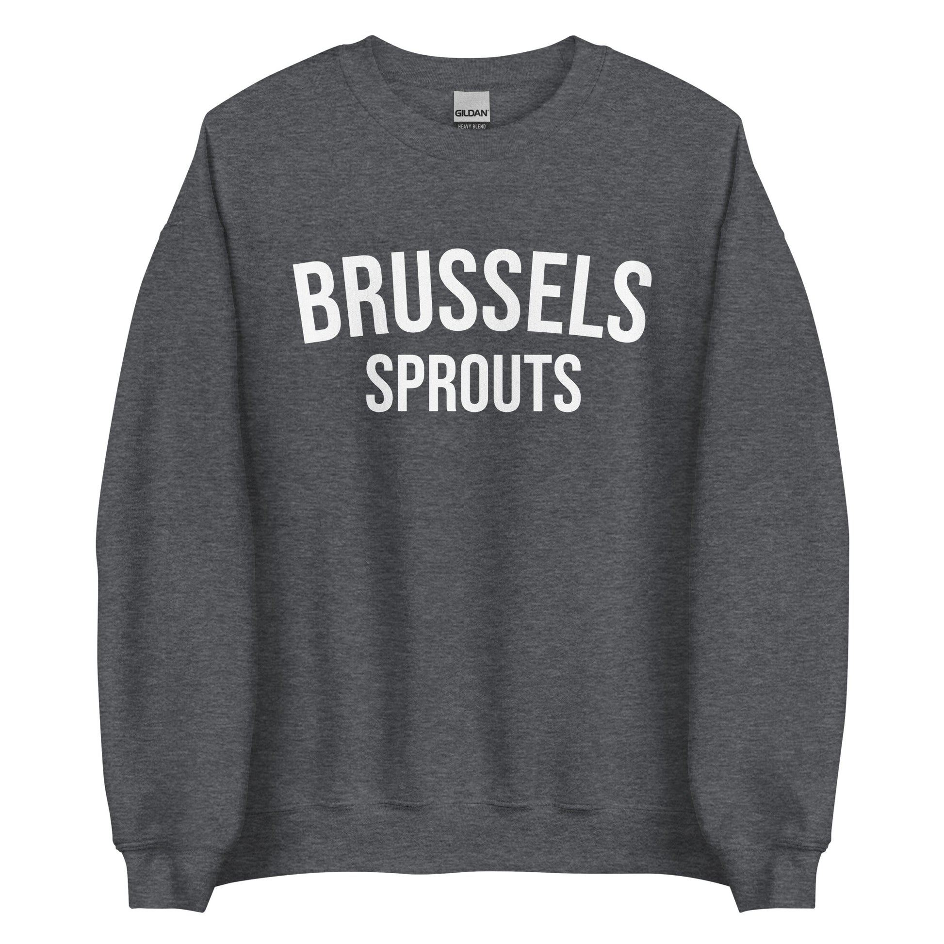 Dark Gray Brussels Sprouts Sweatshirt from Nina's Funky Shop by ninanush - Do you love Brussels sprouts? Looking for a funny foodie gift? Our Brussels Sprouts Crewneck Sweatshirt is just what you need. It's a unisex unique sweatshirt with "Brussels Sprouts" on the front. A funny foodie sweatshirt for Brussels Sprouts enthusiasts. This varsity style pickle sweatshirt is designed by Nina.