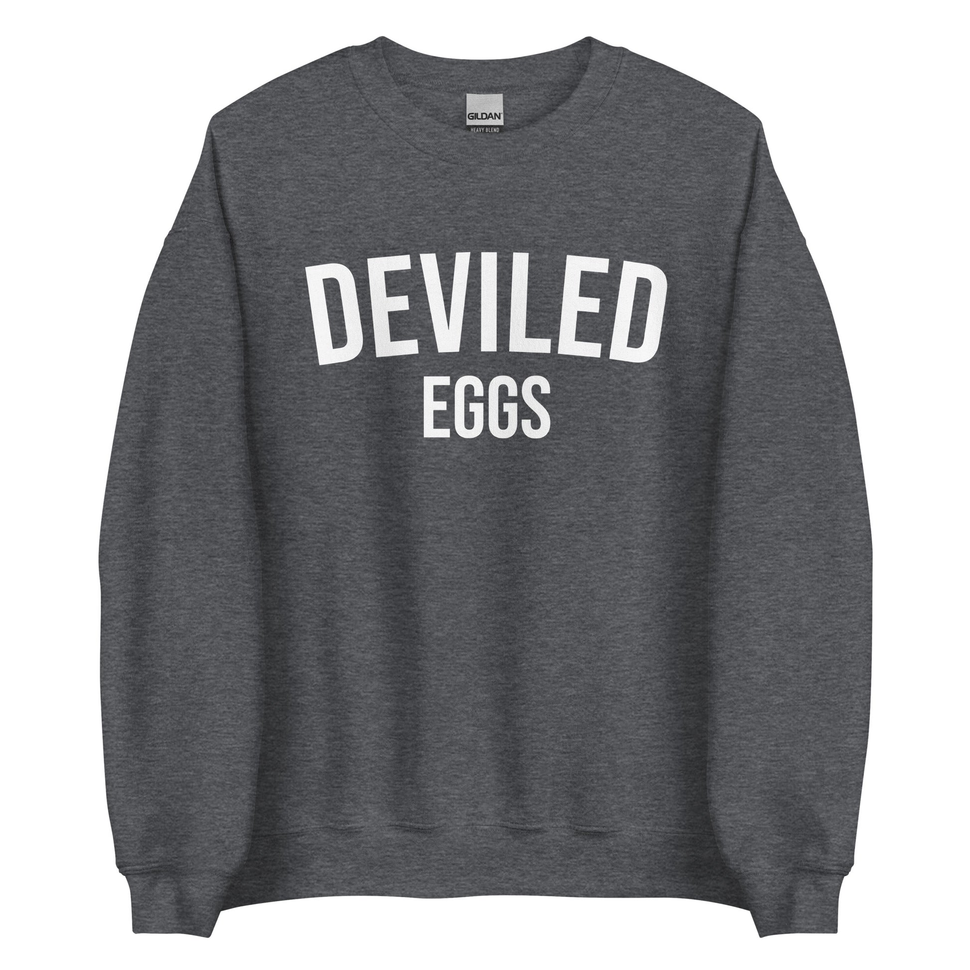 Dark Gray Deviled Eggs Sweatshirt from Nina's Funky Shop by ninanush - Do you love deviled eggs? Looking for a funny gift for a friend? Our Deviled Eggs Crewneck Sweatshirt is just what you need. It's a unisex weird foodie sweatshirt with "deviled eggs" on the front. A funny foodie sweatshirt for deviled egg lovers. This funny varsity style sweatshirt is designed by Nina.