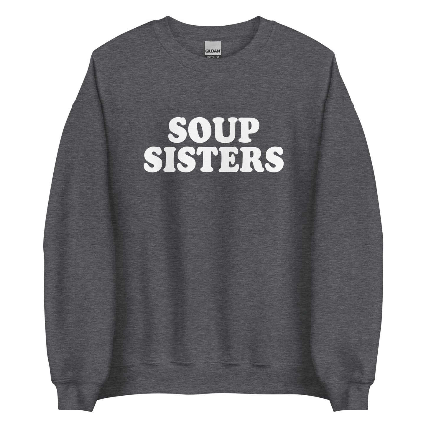 Dark Gray Soup Sisters Sweatshirt from Nina's Funky Shop by ninanush - Do you love soup? Looking for a funny gift for your sister? Our Soup Sisters Crewneck Sweatshirt is just what you need. It's a unisex funny sisters sweatshirt with "soup sisters" on the front. A funny foodie sweatshirt for soup enthusiasts and foodie gift for sisters. This varsity style sweatshirt is designed by Nina, just for you.