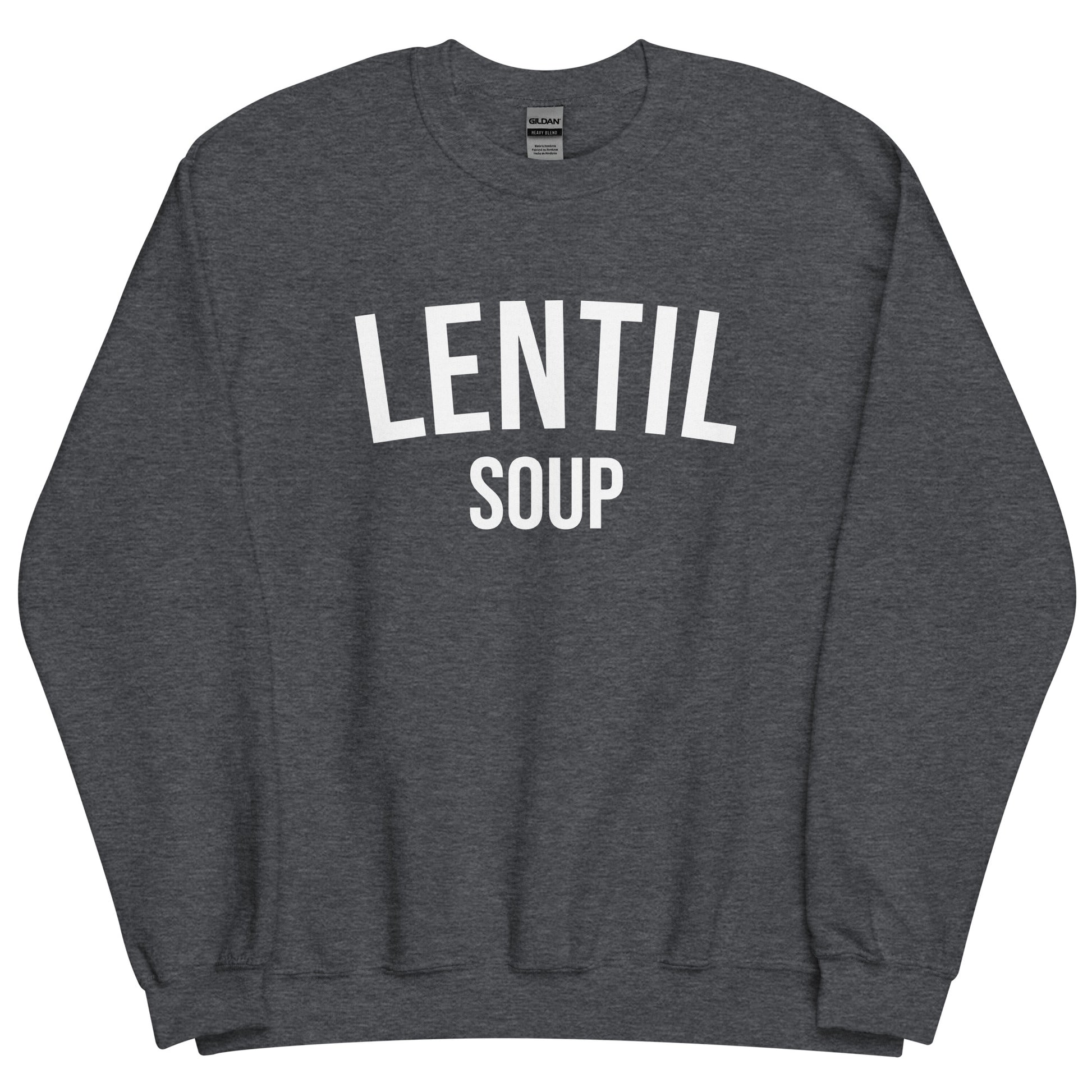 Dark Gray Lentil Soup Sweatshirt from Nina's Funky Shop by ninanush - Do you love lentil soup? Looking for a funny gift? Our Lentil Soup Crewneck Sweatshirt is just what you need. It's a unisex soup lover sweatshirt with "lentil soup" on the front. A funny foodie sweatshirt for soup enthusiasts and a quirky sweatshirt foodies of all kinds. This varsity style sweatshirt is designed by Nina and made just for you. 