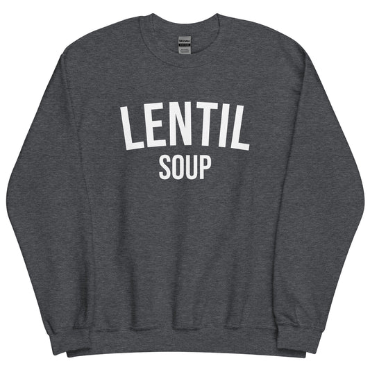 Dark Gray Lentil Soup Sweatshirt from Nina's Funky Shop by ninanush - Do you love lentil soup? Looking for a funny gift? Our Lentil Soup Crewneck Sweatshirt is just what you need. It's a unisex soup lover sweatshirt with "lentil soup" on the front. A funny foodie sweatshirt for soup enthusiasts and a quirky sweatshirt foodies of all kinds. This varsity style sweatshirt is designed by Nina and made just for you. 