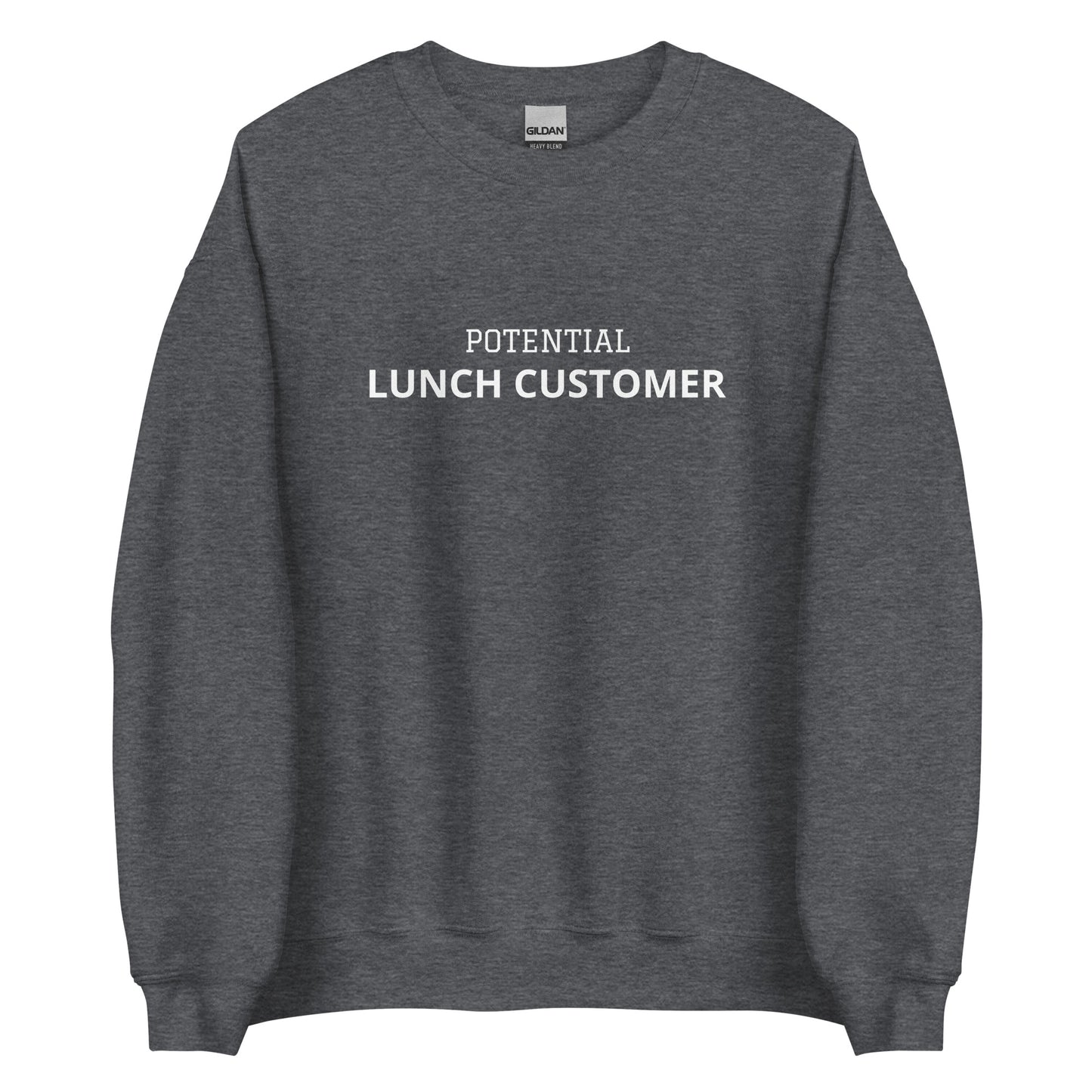 Dark Gray Potential Lunch Customer Sweatshirt from Nina's Funky Shop by ninanush - Love lunch? Looking for a funny gift for a friend? Our Potential Lunch Customer Crewneck Sweatshirt is soft, comfortable and just what you need. It's a unisex sweatshirt that comes in a variety of colors with "Potential Lunch Customer", expertly printed on the front. A funny sweatshirt that's unique, designed by Nina and made just for you.