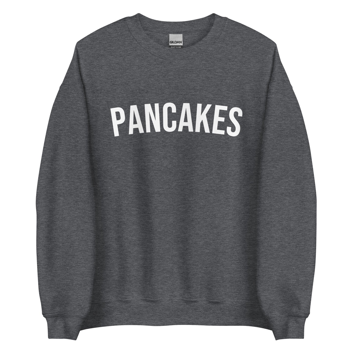 Dark Gray Pancakes Sweatshirt from Nina's Funky Shop by ninanush - Do you love pancakes? Looking for a funny gift? Our pancakes Crewneck Sweatshirt is soft, comfortable and just what you need. It's a pancake lover sweatshirt with "pancakes" on the front. A funny foodie sweatshirt for breakfast enthusiasts and foodies. This varsity style sweatshirt is designed by Nina and made just for you.