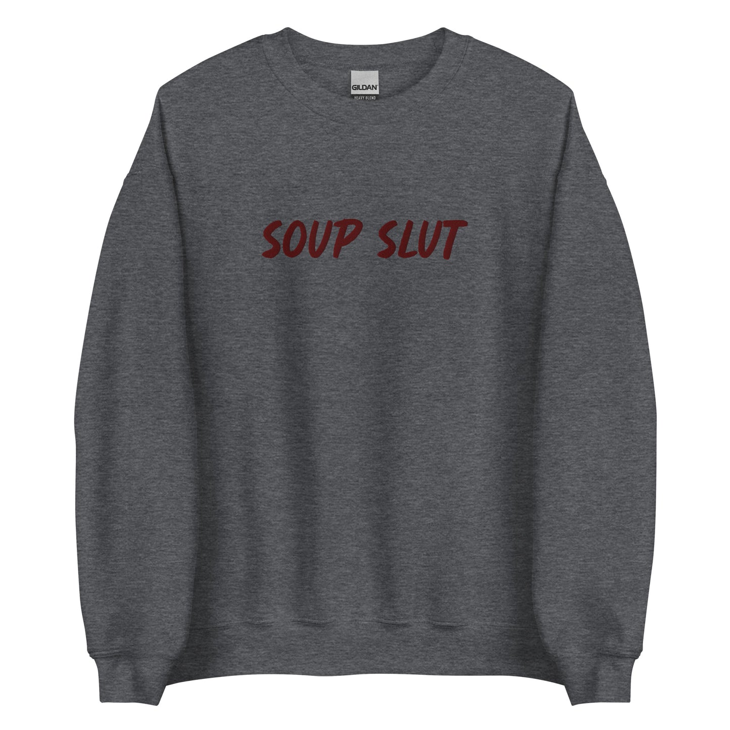 Dark Gray Embroidered Soup Slut Sweatshirt from Nina's Funky Shop by ninanush - Do you love soup? Looking for a funny gift? Our Soup Slut Embroidered Crewneck Sweatshirt is just what you need. It's a unisex soup sweatshirt with "soup slut" on the front. A funny foodie sweatshirt for cozy nights in or stand out streetwear for soup enthusiasts. This embroidered soup sweatshirt is made just for you.