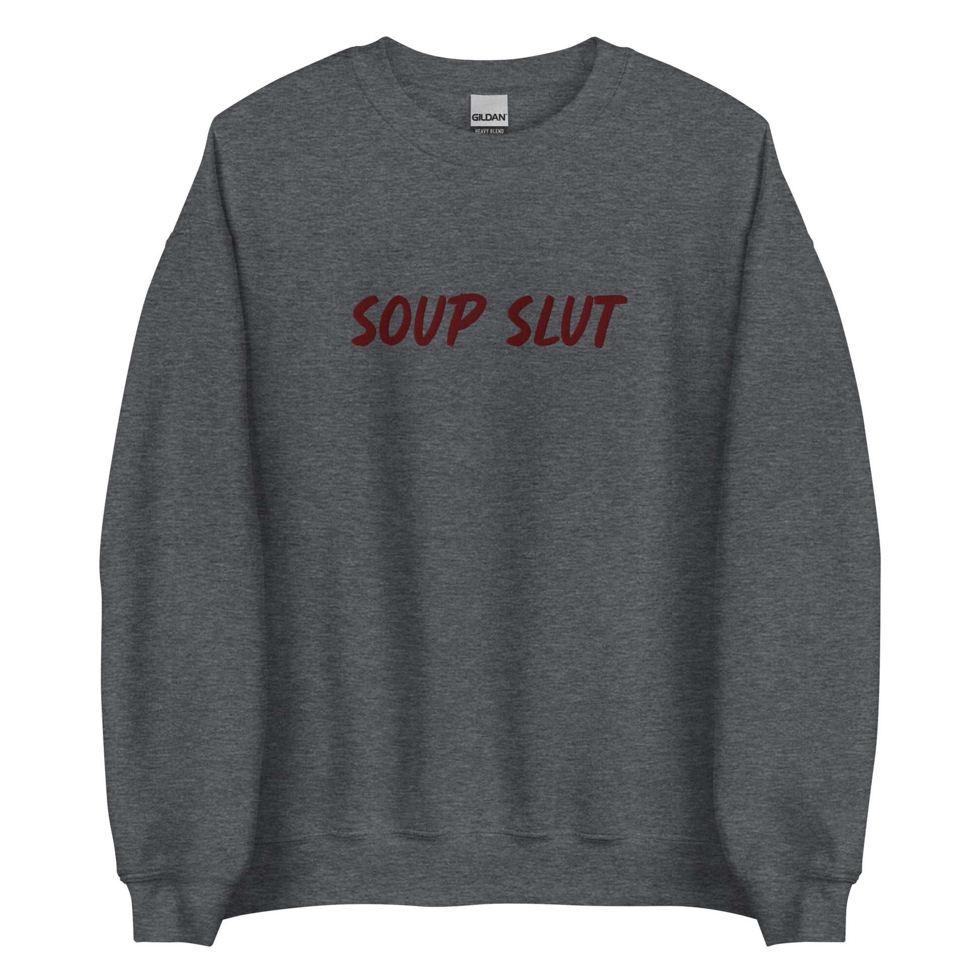 Dark Gray Embroidered Soup Slut Sweatshirt from Nina's Funky Shop by ninanush - Do you love soup? Looking for a funny gift? Our Soup Slut Embroidered Crewneck Sweatshirt is just what you need. It's a unisex soup sweatshirt with "soup slut" on the front. A funny foodie sweatshirt for cozy nights in or stand out streetwear for soup enthusiasts. This embroidered soup sweatshirt is made just for you.