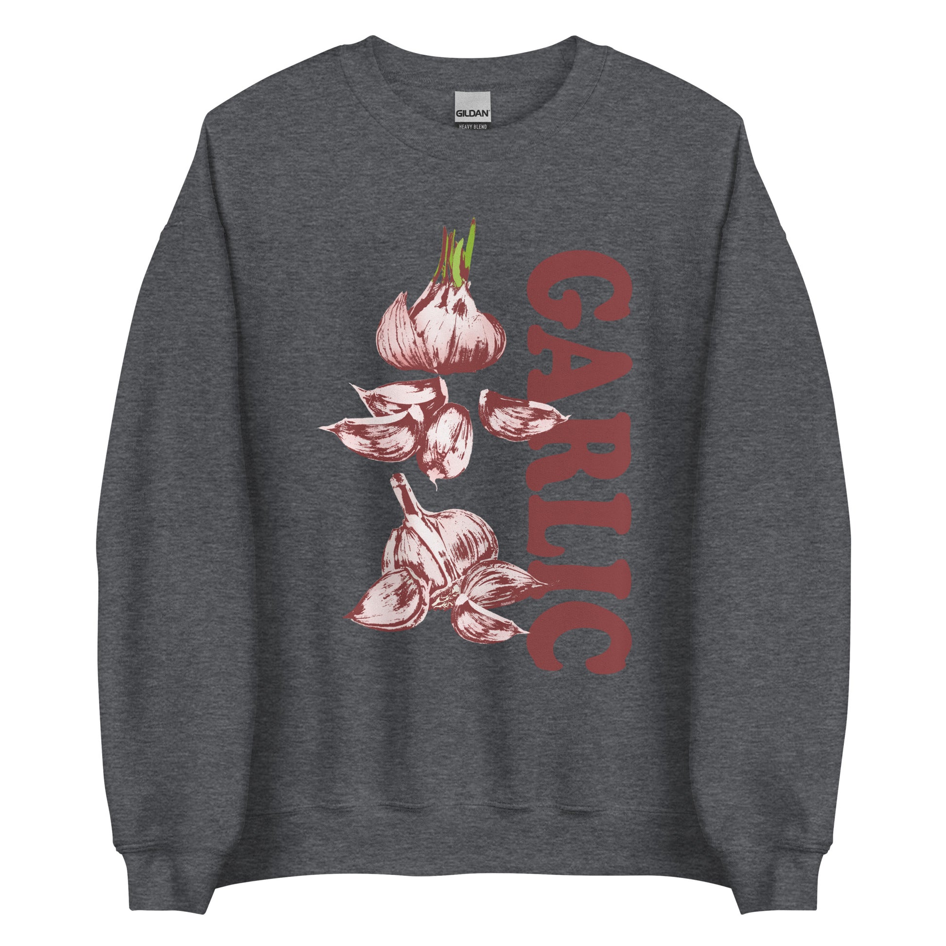 Dark Gray Garlic Sweatshirt from Nina's Funky Shop by ninanush - Love garlic? Looking for a funky gift for garlic lovers? Our Garlic Crewneck Sweatshirt is soft, comfortable and just what you need. It's a unisex sweatshirt with a unique, hand drawn garlic design expertly printed on the front. A funny foodie sweatshirt for cozy nights in or stand out streetwear for garlic enthusiasts.