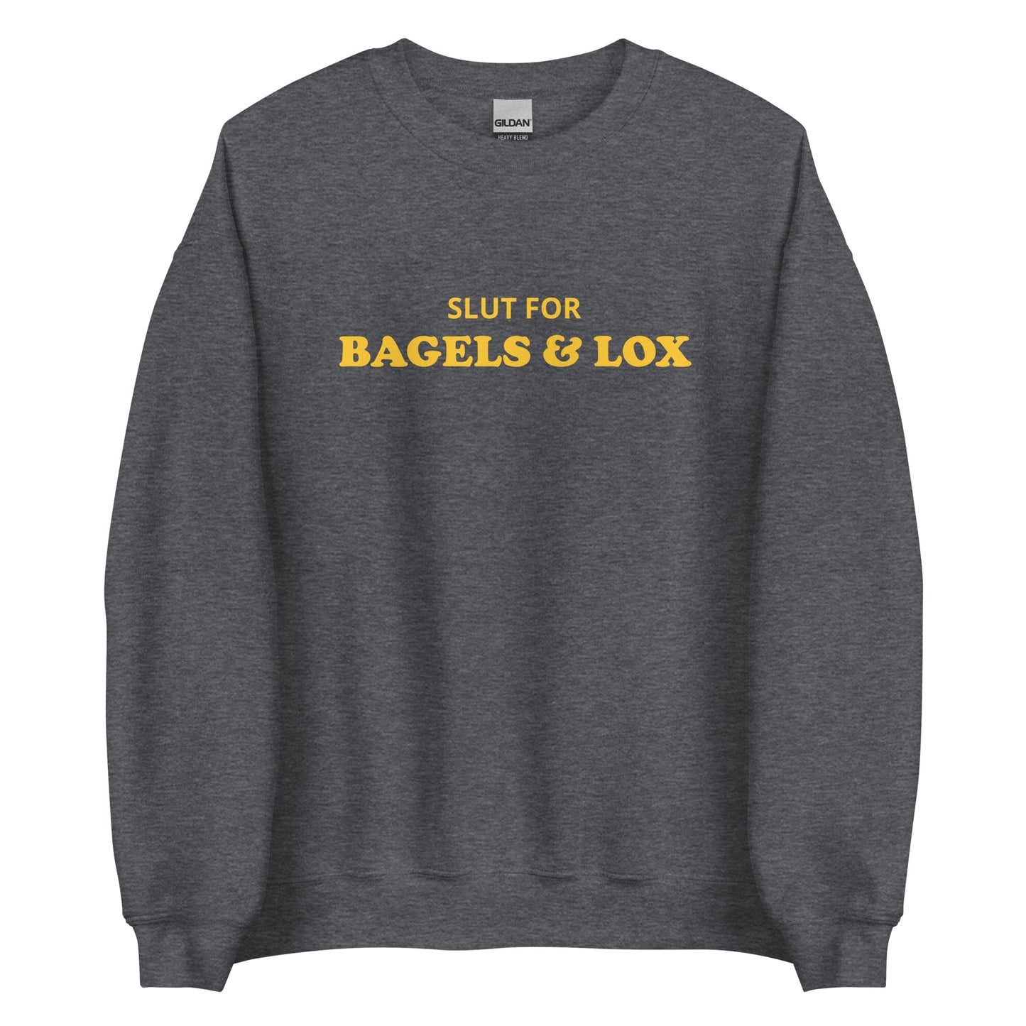 Gray Bagels and Lox Sweatshirt from Nina's Funky Shop - Love bagels and lox? Looking for a funny gift for a bagel lover? Our Slut For Bagels & Lox Crewneck Sweatshirt is soft, comfortable and just what you need. It's a unisex sweatshirt that comes in a variety of colors with "Slut For Bagels & Lox", expertly printed on the front. The perfect funny bagel sweatshirt for everyday foodies. 