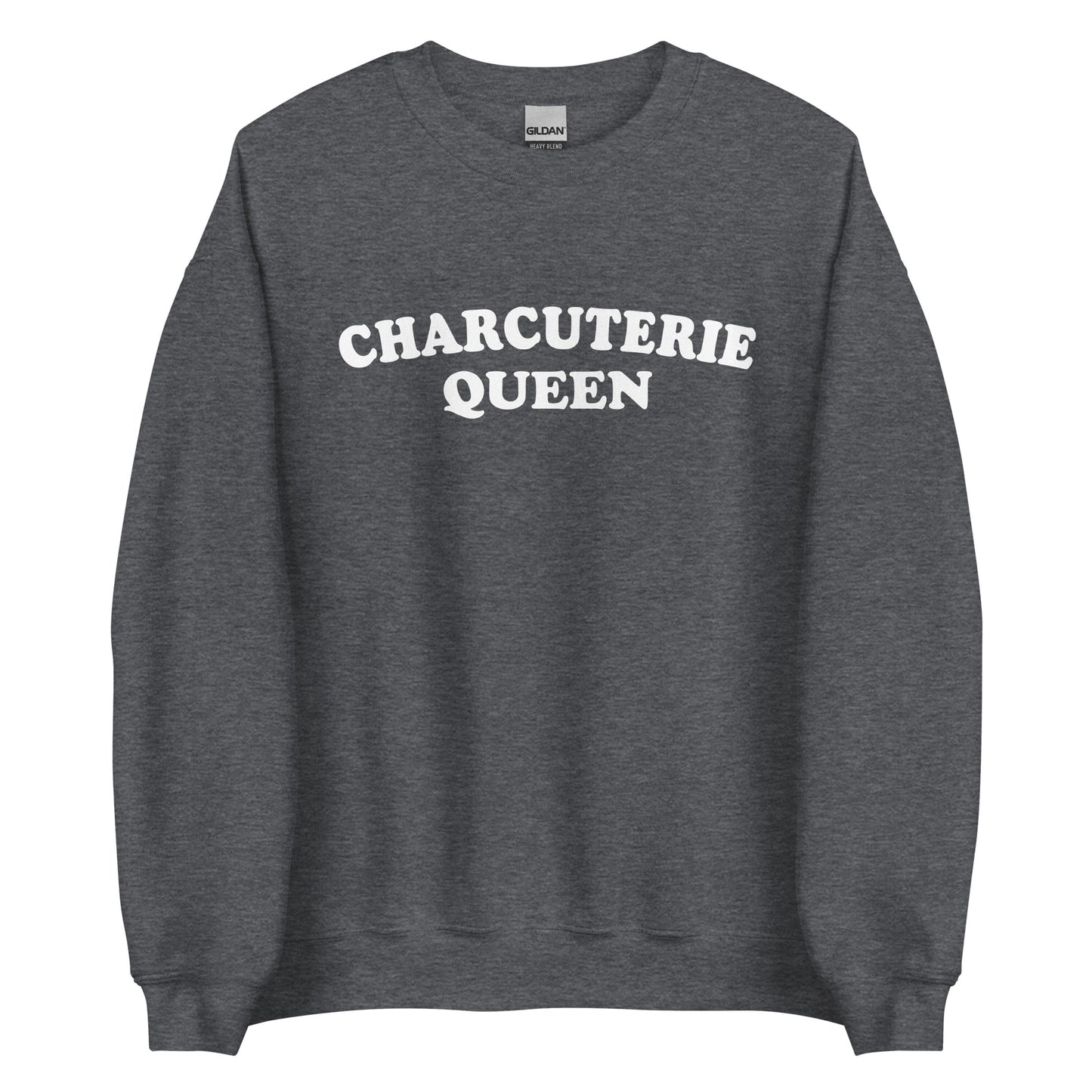 Dark Gray Charcuterie Queen Crewneck Sweatshirt from Nina's Funky Shop - Love charcuterie? Looking for a funny gift for a charcuterie enthusiast? Our Charcuterie Queen Crewneck Sweatshirt is just what you need. It's a unisex sweatshirt that comes in a variety of colors with "Charcuterie Queen", expertly printed on the front. The perfect funny college style sweatshirt for charcuterie lovers.