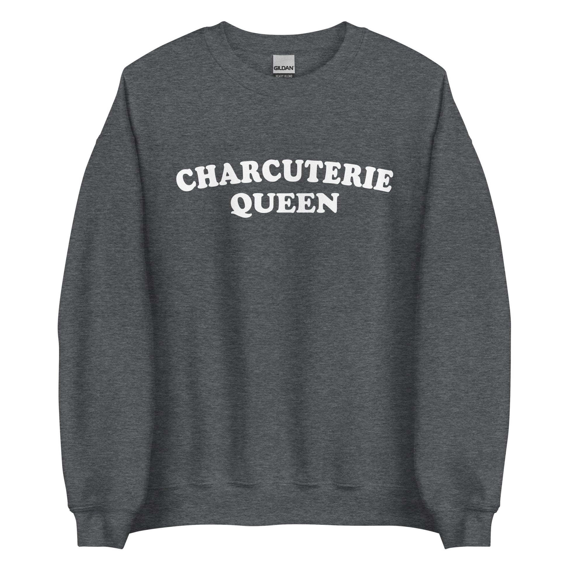 Dark Gray Charcuterie Queen Crewneck Sweatshirt from Nina's Funky Shop - Love charcuterie? Looking for a funny gift for a charcuterie enthusiast? Our Charcuterie Queen Crewneck Sweatshirt is just what you need. It's a unisex sweatshirt that comes in a variety of colors with "Charcuterie Queen", expertly printed on the front. The perfect funny college style sweatshirt for charcuterie lovers.