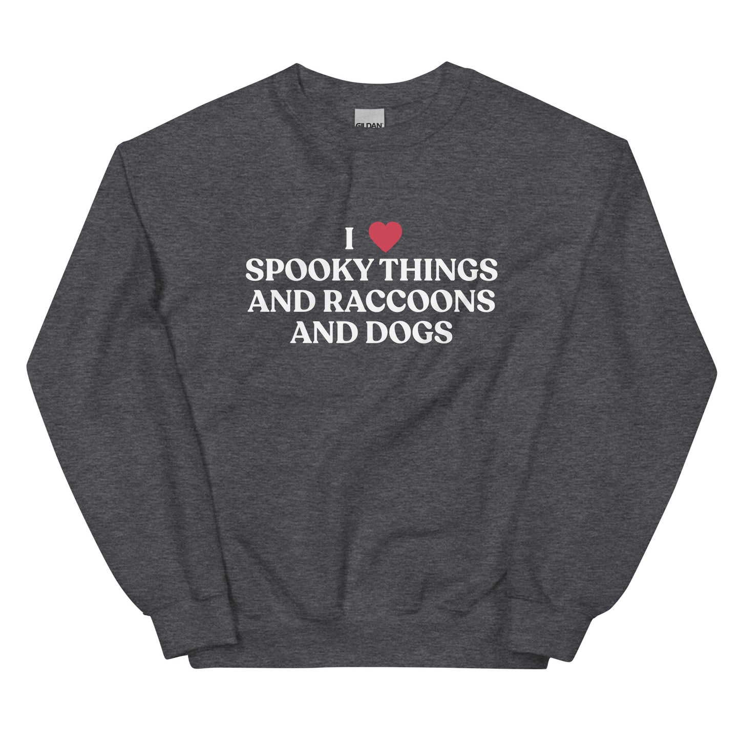 Dark Gray Halloween Sweatshirt - Our I Heart Spooky Things Raccoons and Dogs Sweatshirt is super soft and cozy. It comes in a variety of colors with a funny spooky season saying, expertly printed on the front. Make a statement in this funny Halloween crewneck sweatshirt.