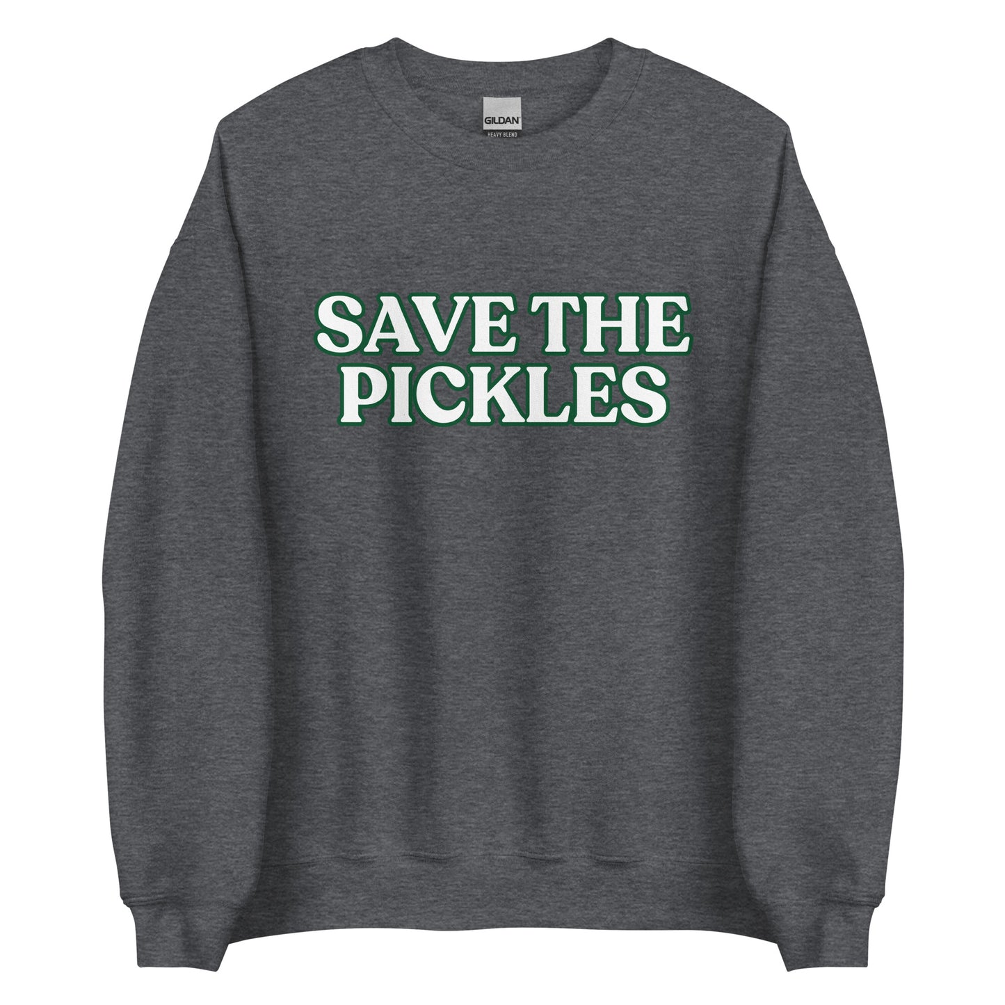 Dark Gray Save The Pickles Sweatshirt - Love pickles? Looking for a gift for a pickle lover? Our Save The Pickles Crewneck Sweatshirt might be just what you need! It's a soft and cozy sweatshirt with a pickle design, made just for you.