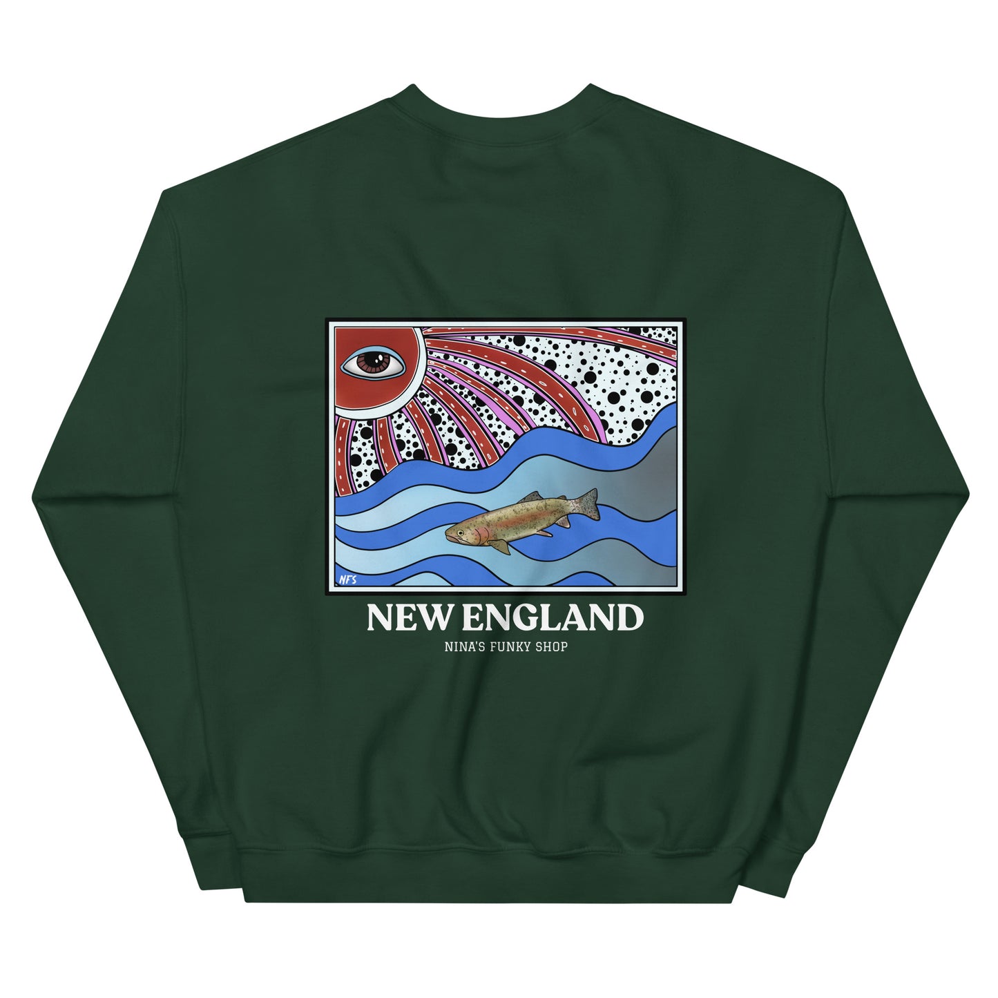 Green New England Rainbow Trout Sweatshirt - This funky rainbow trout crewneck sweatshirt is unique and expertly printed just for you. It's a soft and cozy sweatshirt, perfect for everyday streetwear or a gift for a New Englander.