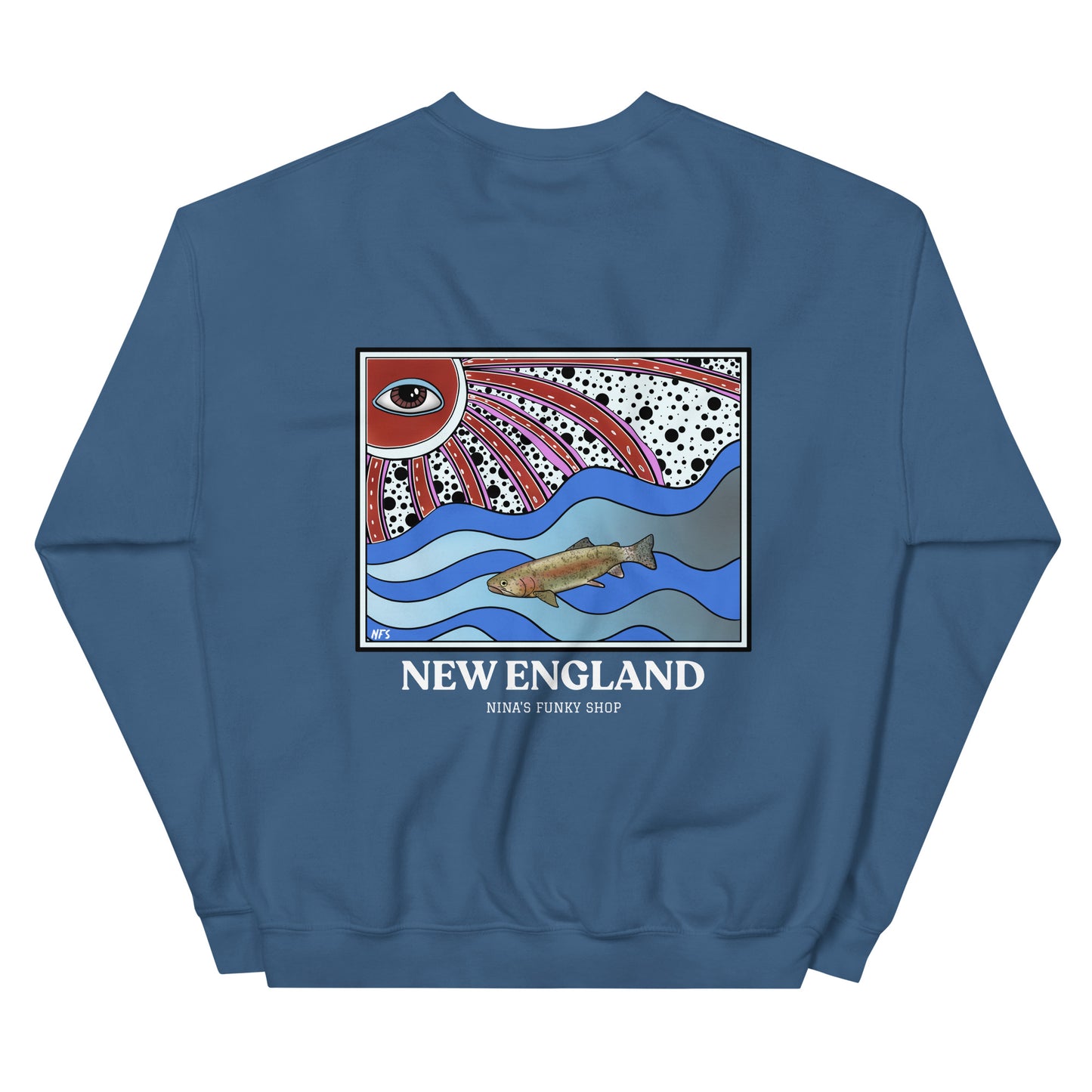 Indigo Blue New England Rainbow Trout Sweatshirt - This funky rainbow trout crewneck sweatshirt is unique and expertly printed just for you. It's a soft and cozy sweatshirt, perfect for everyday streetwear or a gift for a New Englander.