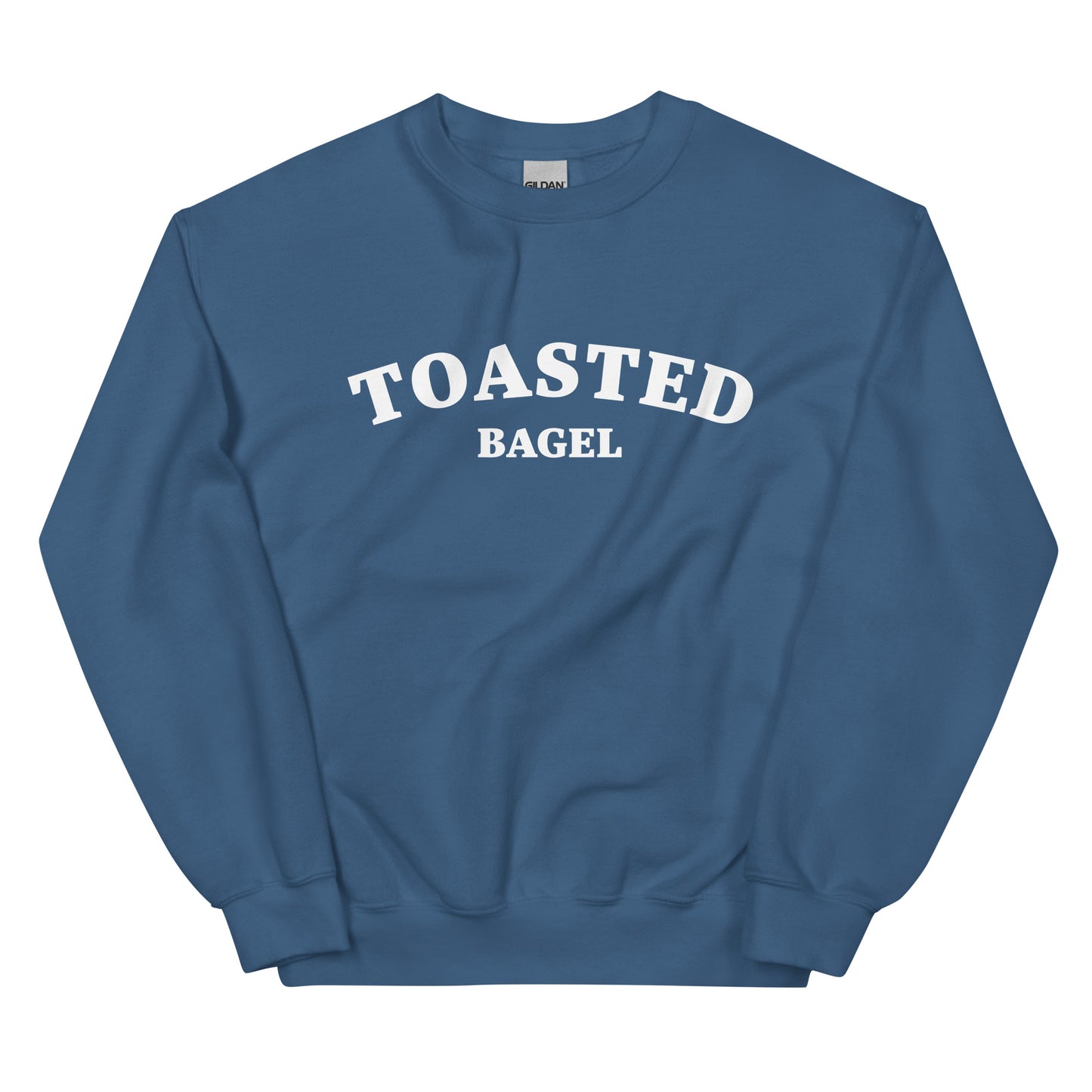 Indigo blue toasted bagel sweatshirt gift for foodies - A colorful toasted bagel sweatshirt for bagel lovers. It's soft, comfortable, designed for bagel aficionados and made just for you. Eat your favorite bagel in this funny food sweatshirt. This quirky design is eye-catching and sure to turn heads. It's the perfect funny sweatshirt for bagel enthusiasts and foodies of all kinds.  