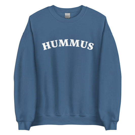 Indigo blue hummus sweatshirt - A hummus sweatshirt for foodies and chickpea lovers. This unique crew neck sweatshirt is designed for hummus enthusiasts and made just for you. It's a colorful hummus lover sweatshirt that stands out and makes a statement. A funny gift for hummus lovers or a quirky sweatshirt for everyday funny foodie streetwear. 