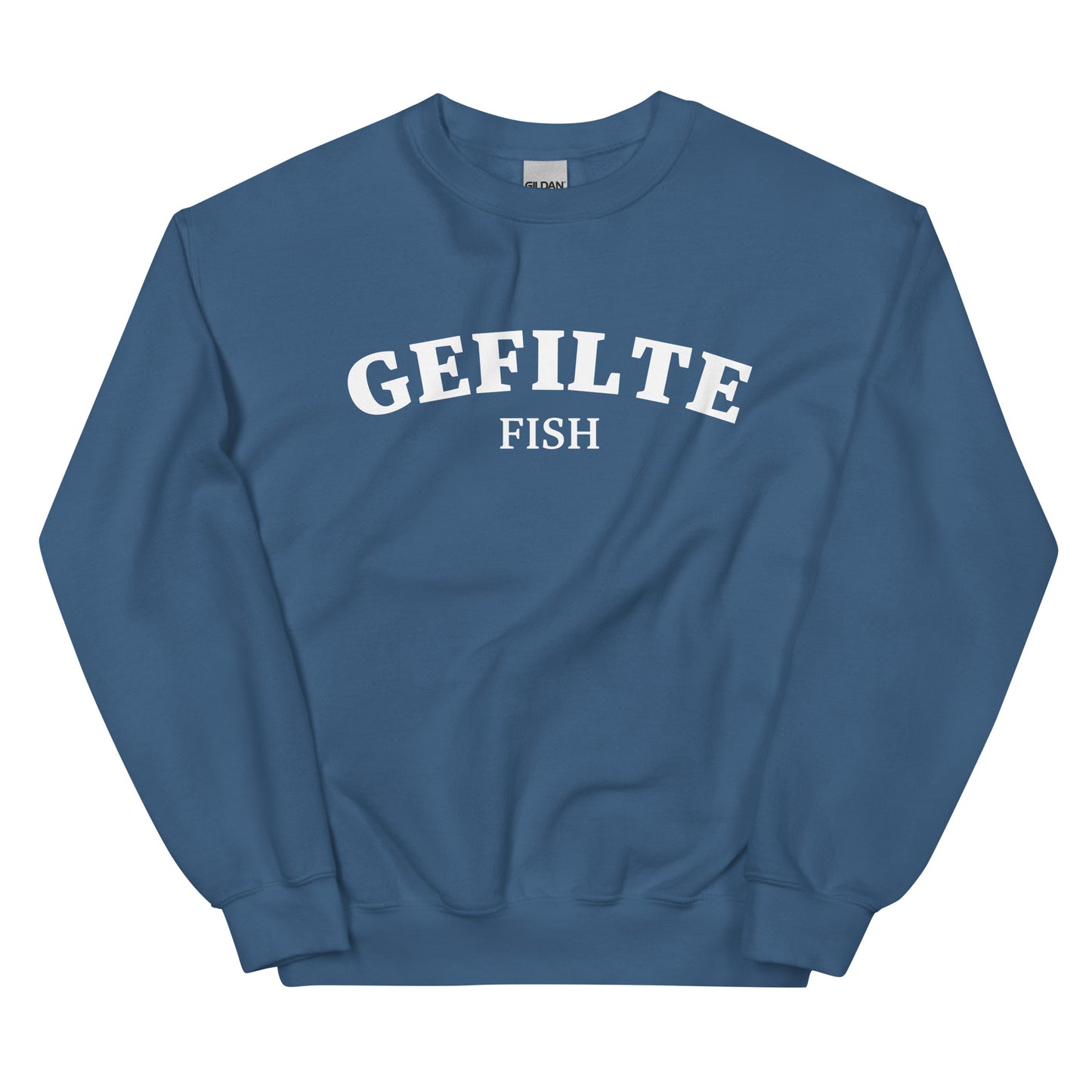 Indigo blue gefilte fish sweatshirt unisex - Make a statement in this gefilte fish sweatshirt. It's a funny Jewish food sweatshirt that is soft, comfortable and sure to turn heads. Eat gefilte fish in style in this unusual foodie crew neck sweatshirt. What is gefilte fish? Gefilte fish is an Ashkenazi Jewish dish that is often served during celebrations and holidays.