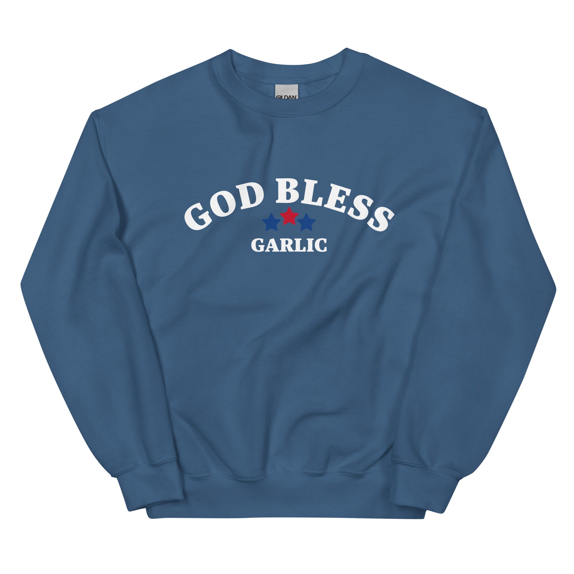 Indigo blue god loves garlic sweatshirt with red, white, and blue design - This sarcastic foodie sweatshirt is made for garlic enthusiasts! It's a classic crew neck garlic lover sweatshirt with the words "God Bless Garlic" on the front. Designed for food lovers, this funny food sweatshirt is perfect for cozy nights, 4th of July BBQs, or a funny gift for garlic lovers and foodies of all kinds.