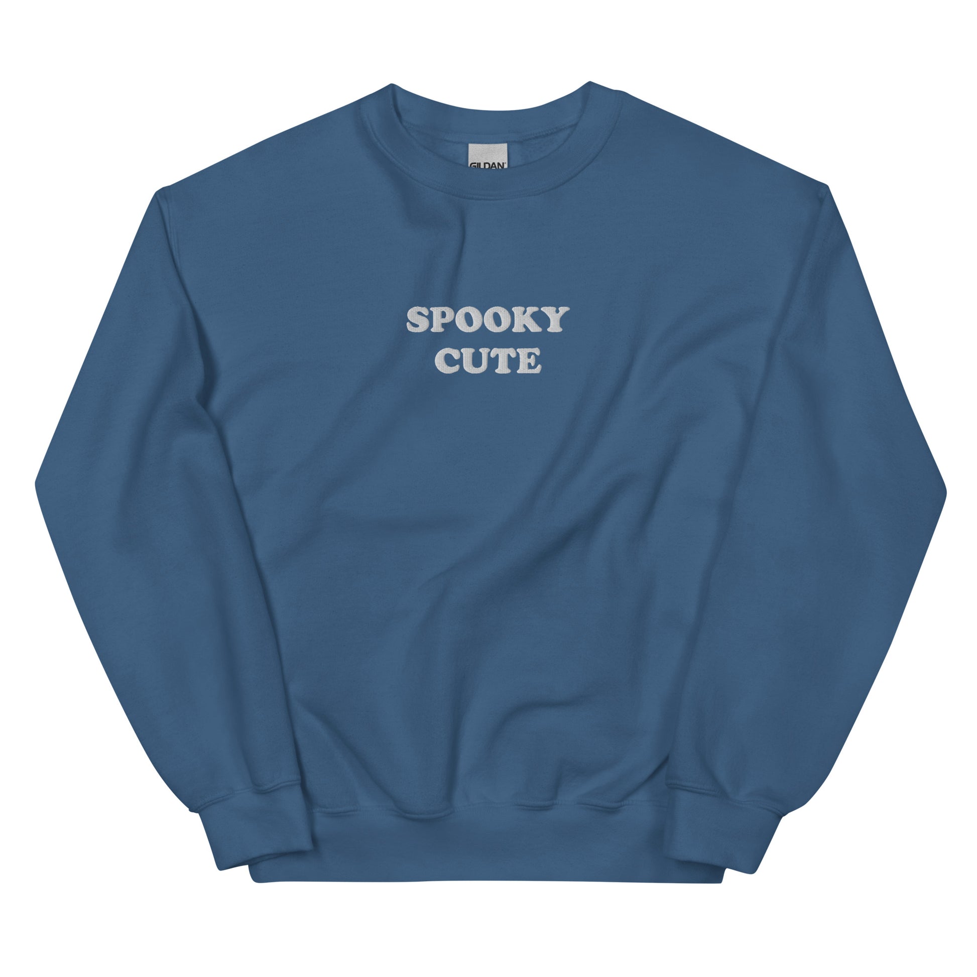 Indigo Blue Spooky Cute Sweatshirt from Nina's Funky Shop by ninanush - Embrace your spooky in this unique spooky sweatshirt. It's a unisex sweatshirt with "Spooky Cute", embroidered on the front. Whether you're celebrating spooky season or embracing the spooky year-round, this sweatshirt is just what you need. A colorful sweatshirt for everyday style and a cute gift for spooky season.