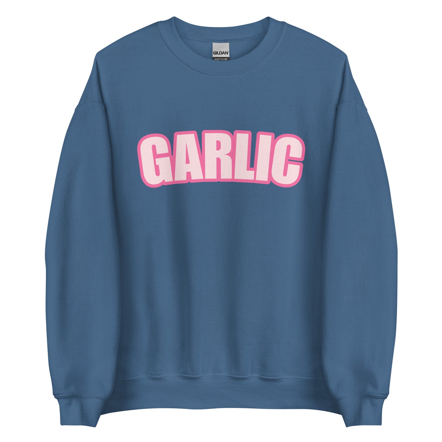 Indigo Blue Garlic Sweatshirt from Nina's Funky Shop by ninanush - Our Pink Garlic Sweatshirt is a perfect funny foodie sweatshirt for garlic lovers. It's a unisex, crew neck sweatshirt with the word "Garlic", expertly printed on the front. Perfect for cozy nights in or stand out streetwear for foodies, this garlic enthusiast sweatshirt is designed by Nina and made just for you.