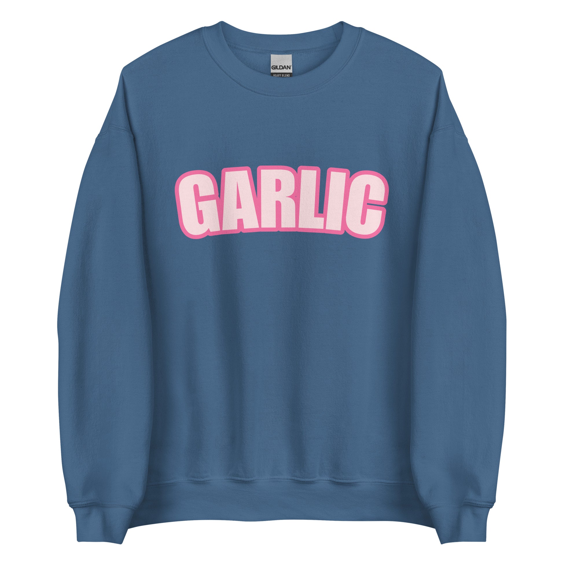 Indigo Blue Garlic Sweatshirt from Nina's Funky Shop by ninanush - Our Pink Garlic Sweatshirt is a perfect funny foodie sweatshirt for garlic lovers. It's a unisex, crew neck sweatshirt with the word "Garlic", expertly printed on the front. Perfect for cozy nights in or stand out streetwear for foodies, this garlic enthusiast sweatshirt is designed by Nina and made just for you.