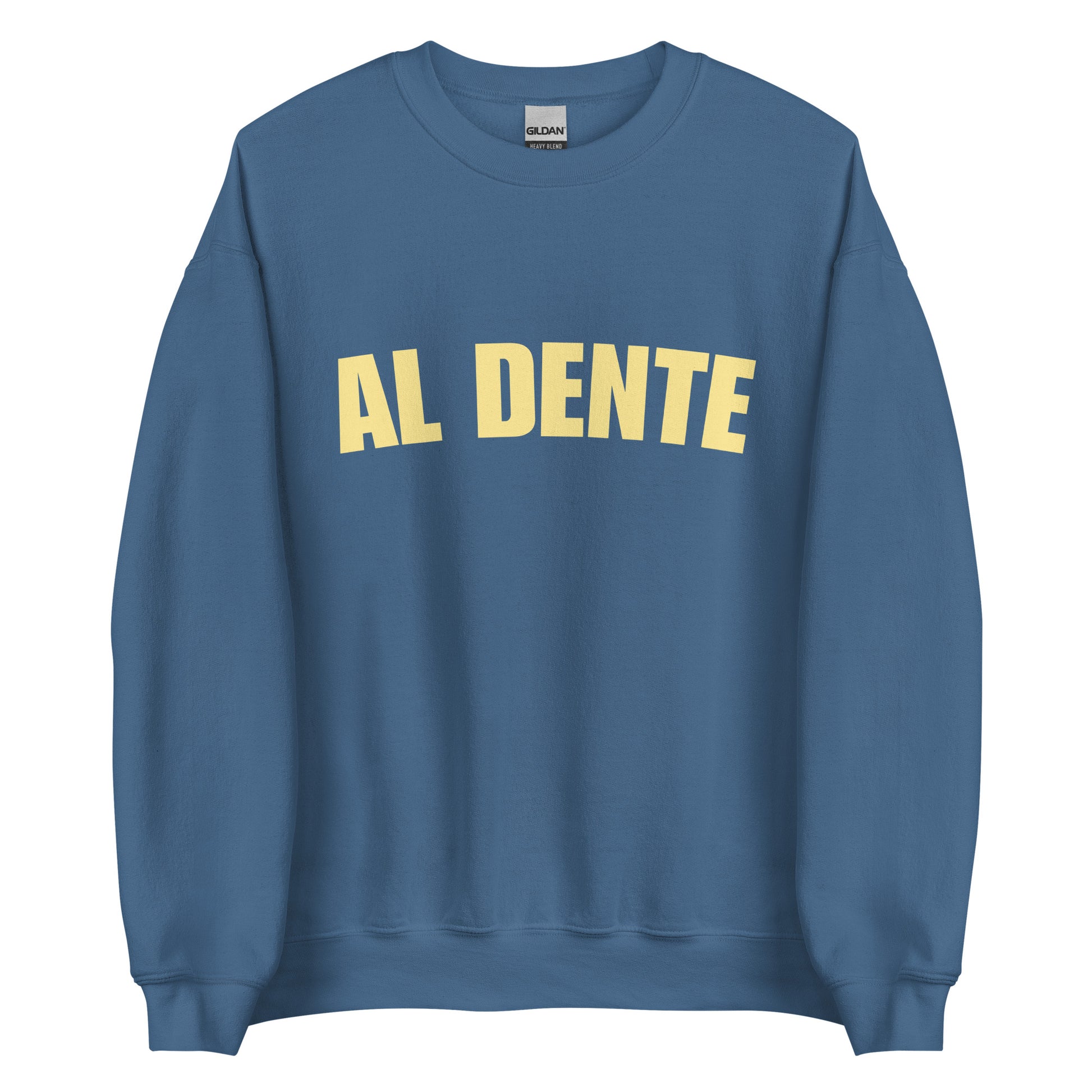 Indigo Blue Al Dente Sweatshirt from Nina's Funky Shop by ninanush - Our Al Dente Sweatshirt is soft, comfortable and a funny Italian cooking sweatshirt for foodies. It's a unisex, crew neck sweatshirt that comes in a variety of colors with the "Al Dente", expertly printed on the front. Perfect for cozy nights in or stand out streetwear for foodies. An Al Dente sweatshirt, made just for you.