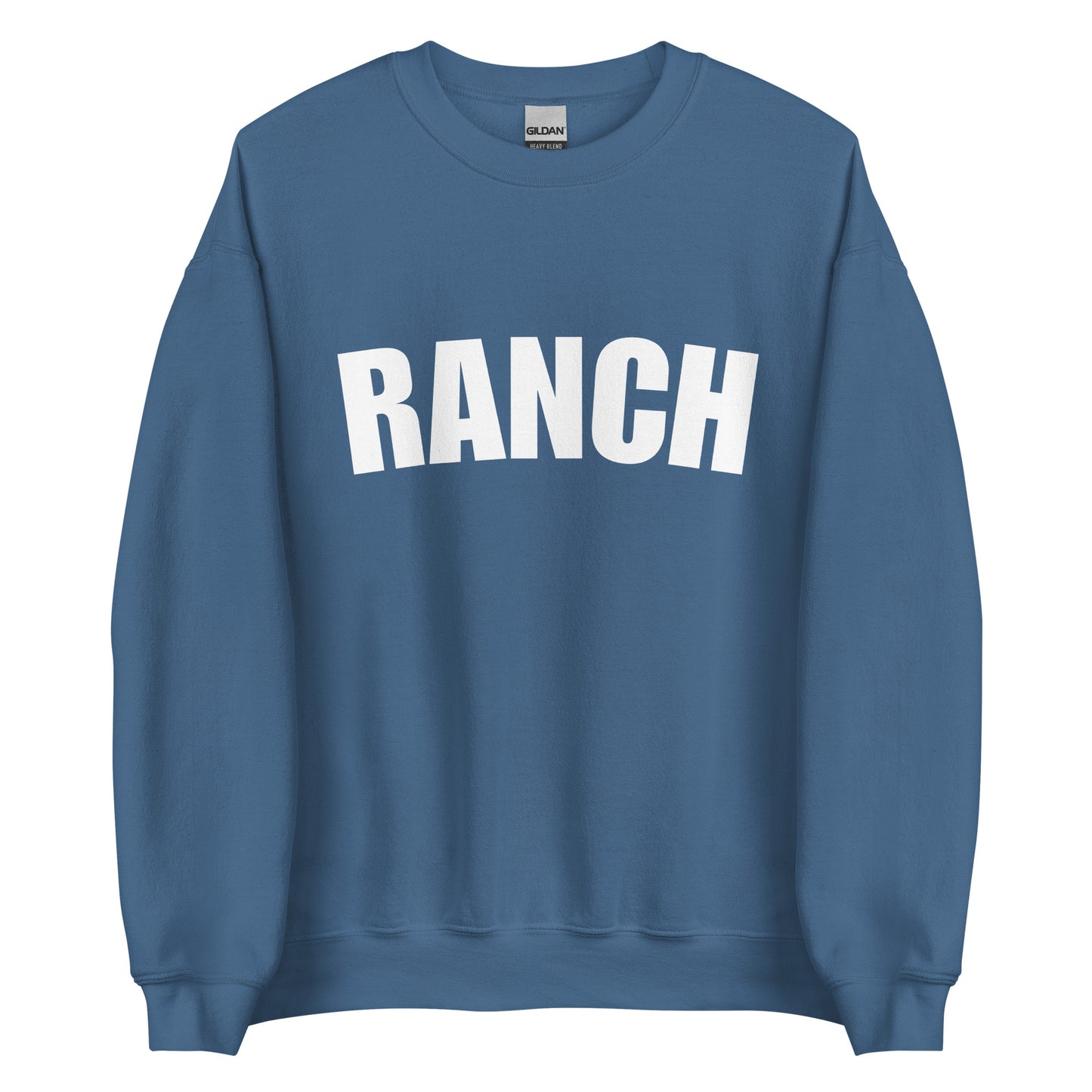 Indigo Blue Ranch Sweatshirt from Nina's Funky Shop by ninanush - Do you love ranch? This funny foodie sweatshirt for ranch lovers was made just for you. It's a unisex, crew neck sweatshirt with the word "Ranch", expertly printed on the front. Perfect for cozy nights in or colorful and bold stand out streetwear for foodies, this ranch enthusiast sweatshirt is designed by Nina.