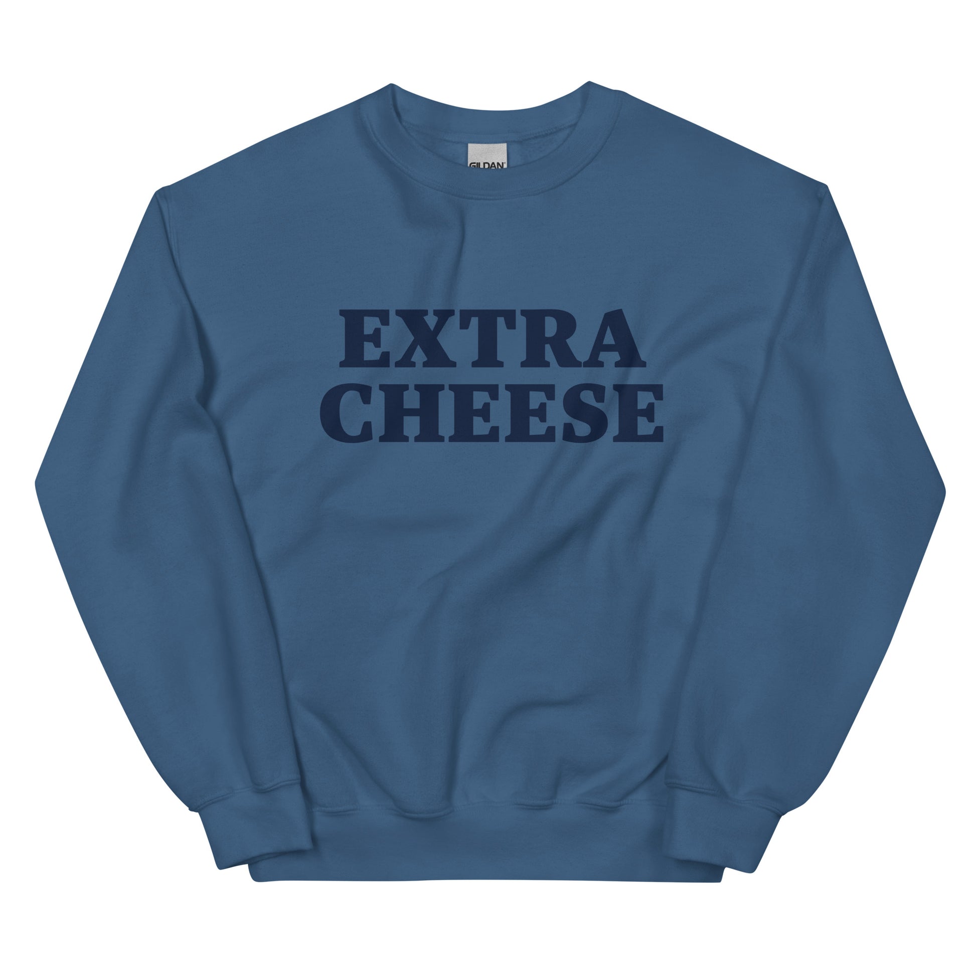 Indigo Blue Extra Cheese Sweatshirt from Nina's Funky Shop by ninanush - Love cheese? Want more? Make your priorities known in this Extra Cheese Sweatshirt. It's a funny foodie sweatshirt for cheese lovers. This unisex, crew neck sweatshirt comes in a variety of colors with "cheese", on the front. This college-style cheese enthusiast sweatshirt is designed by Nina and made just for you.