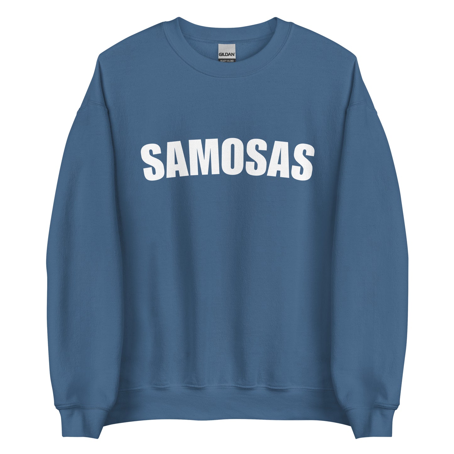 Indigo Blue Samosa Sweatshirt from Nina's Funky Shop by ninanush - Love samosas? Looking for a fun foodie gift? Our Samosa Sweatshirt is just what you need. Perfect for Indian cuisine lovers and foodies of all kinds, this sweatshirt has "Samosa", expertly printed on the front. A crewneck college-style foodie sweatshirt for Indian food enthusiasts and samosa lovers like you.