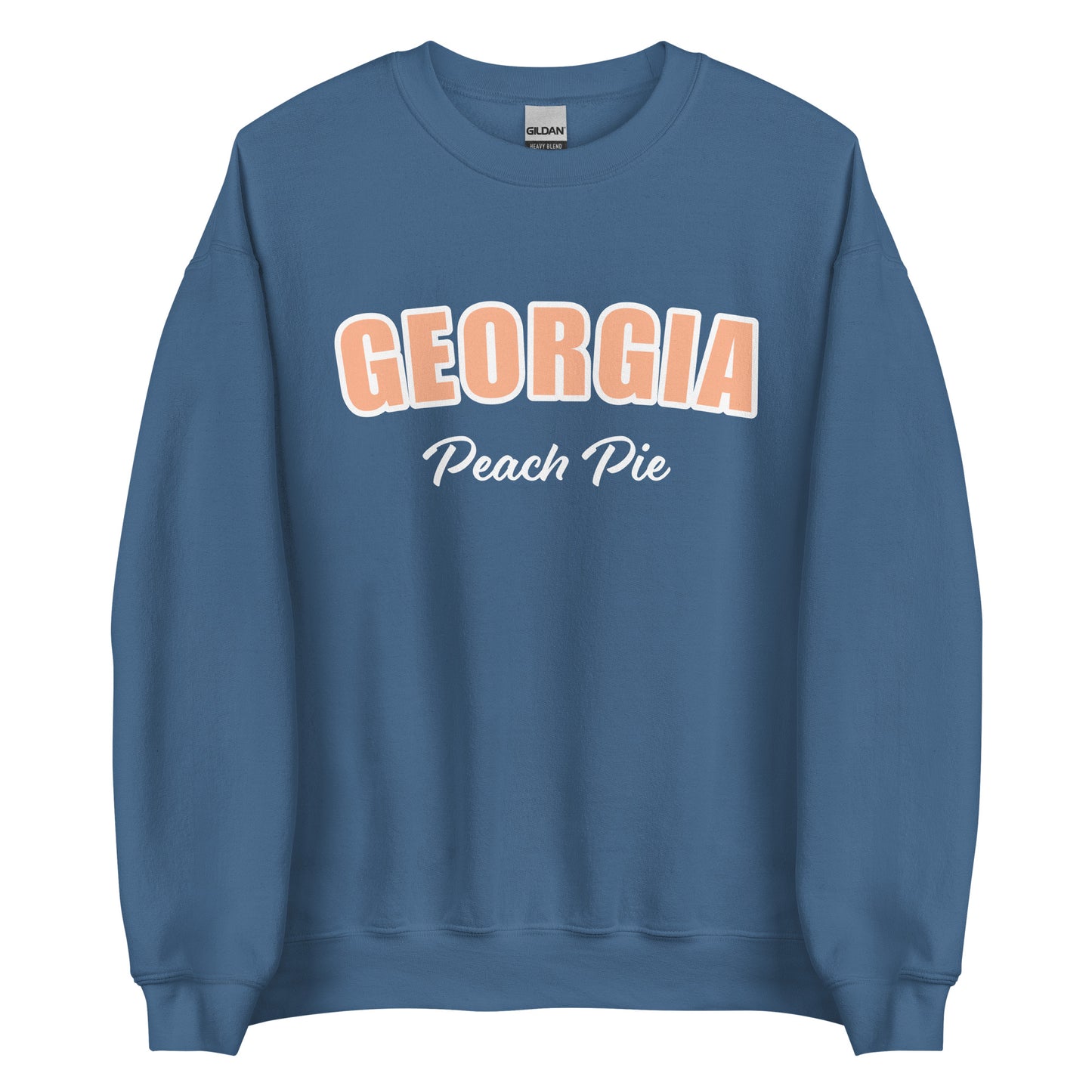 Indigo Blue Georgia Peach Pie Sweatshirt from Nina's Funky Shop by ninanush - Do you love peach pie? Our Georgia Peach Pie Sweatshirt is just what you need. It's a funny foodie sweatshirt for peach pie lovers like you. This unisex, crew neck sweatshirt comes in a variety of colors with the words "Georgia Peach Pie", expertly printed on the front. The perfect Sweatshirt for peach pie enthusiasts.