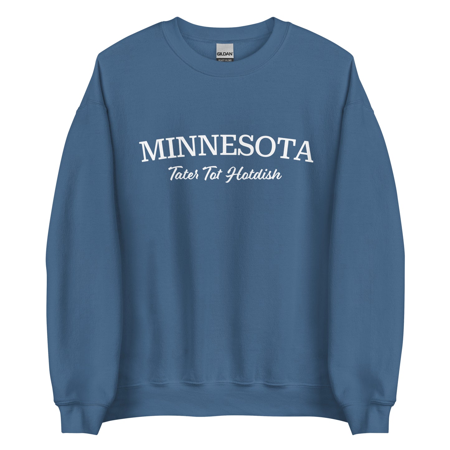 Indigo Blue MN Tater Tot Hotdish sweatshirt from Nina's Funky Shop by ninanush - Love Tater Tot Hotdish? Looking for a funny Minnesota gift? Introducing our Minnesota Tater Tot Hotdish Sweatshirt! It's a Midwestern foodie sweatshirt with "Minnesota" and the unofficial MN state food "Tater Tot Hotdish" on the front. Perfect for cozy nights in or a statement sweatshirt for tater tot hotdish lovers.