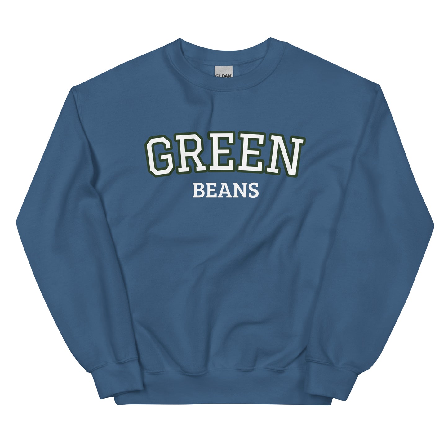 Indigo Blue Green Beans Sweatshirt from Nina's Funky Shop by ninanush - Love green beans? Looking for a funny food gift? Our Green Beans Sweatshirt is just what you need. It's a unisex, varsity crew neck sweatshirt with "Green Beans" on the front. A perfect funny foodie sweatshirt for cozy nights in or funky streetwear, this veggie enthusiast sweatshirt is designed by Nina, just for you.