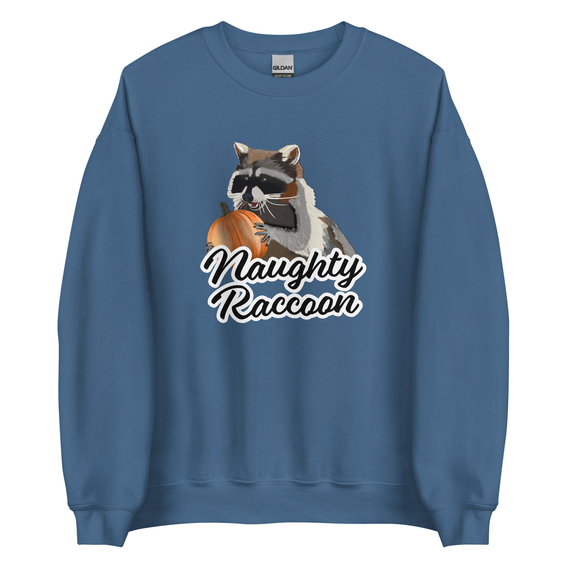 Indigo Blue Naughty Raccoon Pumpkin Sweatshirt from Nina's Funky Shop by ninanush - Love raccoons? Looking for a fun raccoon lover gift? Our Naughty Raccoon Sweatshirt is soft, comfortable and just what you need. It's a unisex, crew neck sweatshirt with a raccoon holding a pumpkin and "Naughty Raccoon", expertly printed on the front. Stand out this spooky season in our funny Raccoon Sweatshirts.