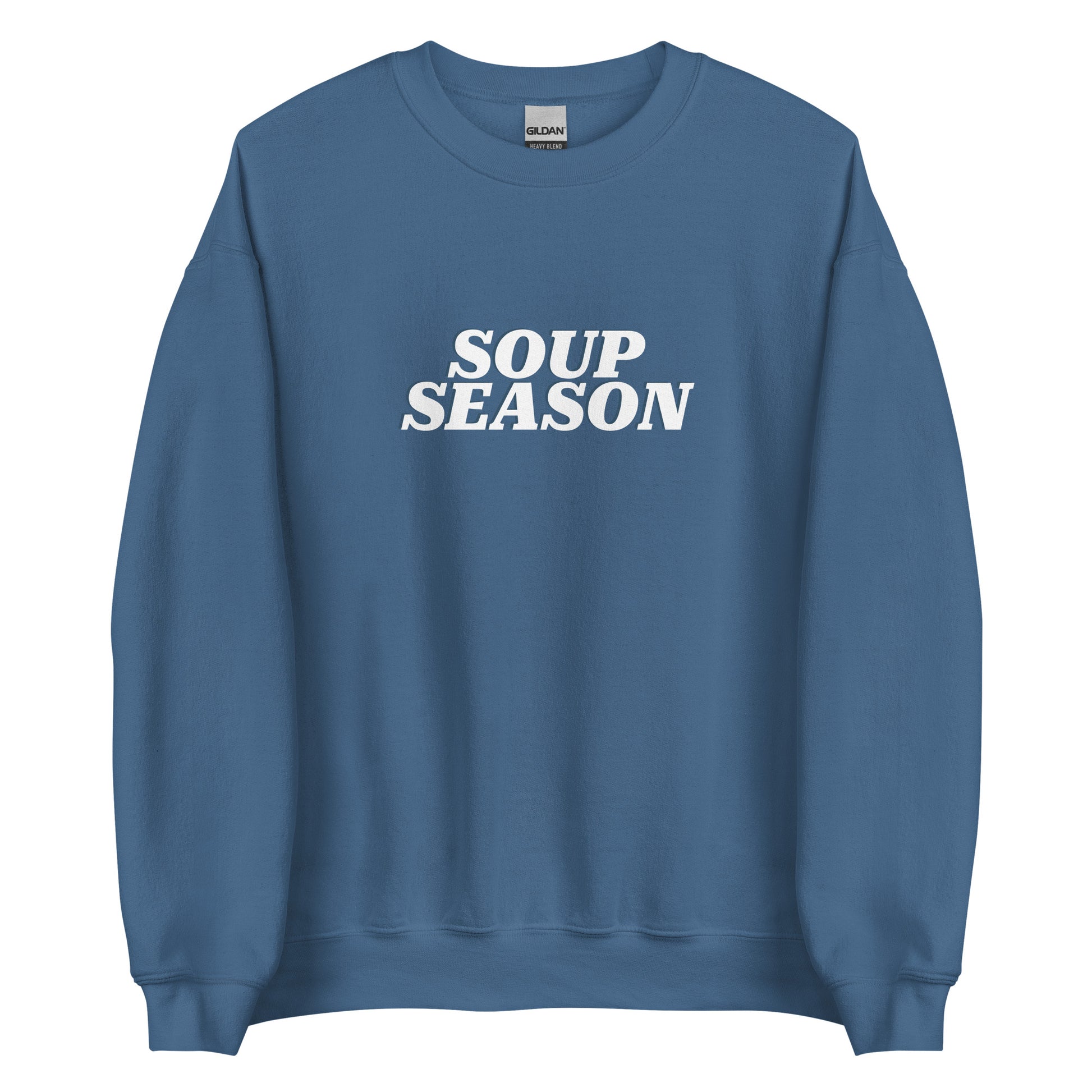 Indigo Blue Soup Season Sweatshirt from Nina's Funky Shop by ninanush - Do you love soup? Looking for a funny gift for a friend? Our Soup Season Crew Neck Sweatshirt is soft, comfortable and just what you need. It's a unisex foodie sweatshirt that comes in a variety of colors with "soup season", expertly printed on the front. A funny foodie sweatshirt for cozy nights in or stand out soup lover streetwear.