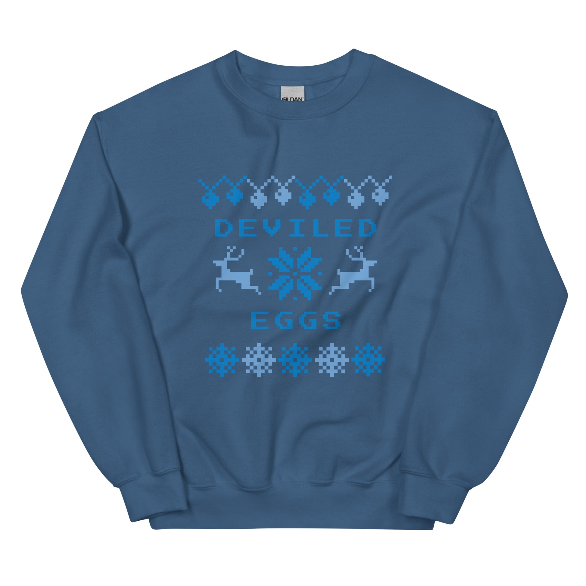 Indigo Blue Deviled Eggs Christmas Sweatshirt from Nina's Funky Shop by ninanush - Do you love deviled eggs? Looking for a funny Christmas sweatshirt? Our Slut Deviled Eggs Christmas Crew Neck Sweatshirt is soft, comfortable and just what you need. It's a unisex holiday sweatshirt with "Deviled Eggs" and a Christmas pattern. A funny Christmas sweatshirt for a holiday party or a cozy night in.