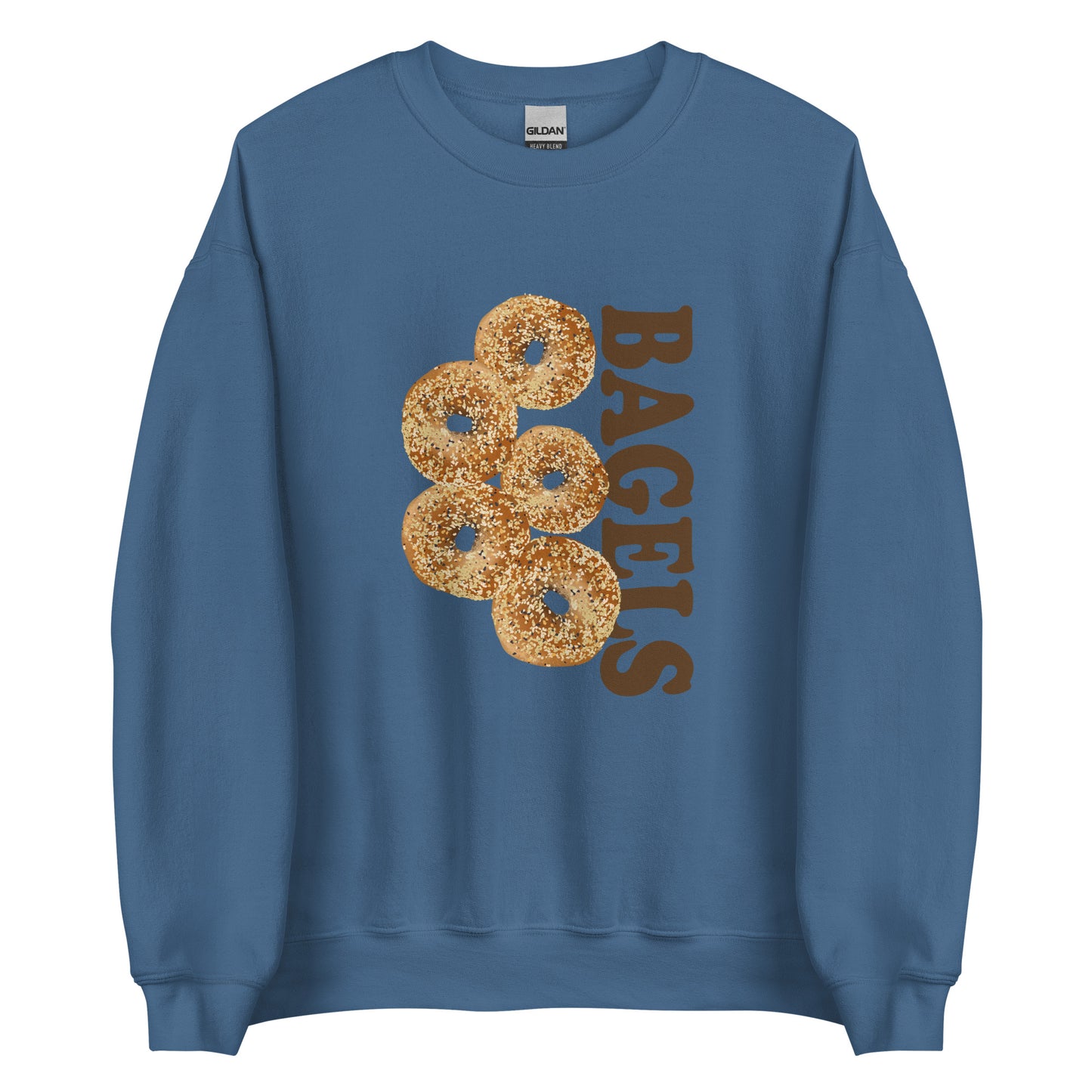 Indigo Blue Everything Bagels Sweatshirt from Nina's Funky Shop by ninanush - Do you love bagels? Looking for a funny gift? Our Bagels Crew Neck Sweatshirt is soft, comfortable and just what you need. It's a unisex foodie sweatshirt that comes in a variety of colors with everything bagels, expertly printed on the front. A funny foodie sweatshirt for cozy nights in or statement bagel lover streetwear.