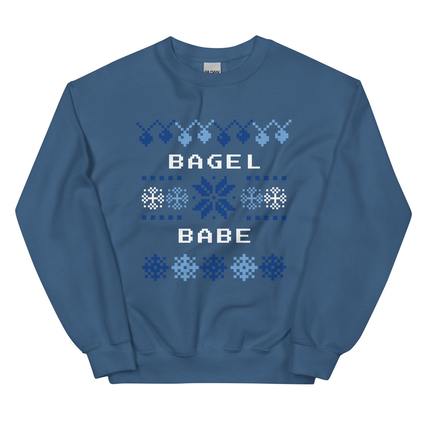 Indigo Blue Bagel Babe Holiday Sweatshirt from Nina's Funky Shop by ninanush - Do you love bagels? Looking for a funny gift? Our Bagel Babe Crew Neck Sweatshirt is soft, comfortable and just what you need. It's a unisex bagel lover sweatshirt with a blue and white holiday design, expertly printed on the front. A funny foodie sweatshirt for cozy nights in or a stand out holiday party sweatshirt.