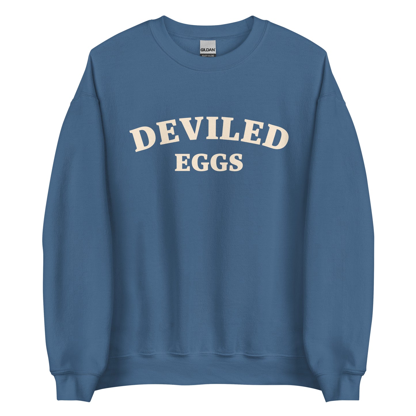 Indigo Blue Deviled Eggs Sweatshirt from Nina's Funky Shop by ninanush - Love Deviled eggs? Looking for a funny foodie gift? A funny college style deviled egg sweatshirt for foodies and beyond. It's a soft and comfortable crew neck sweatshirt with a unique and funny food design. A perfect sweatshirt for deviled egg lovers and quirky gift for foodies. Eat deviled eggs and make a statement. It's funny, weird and sure to turn heads.