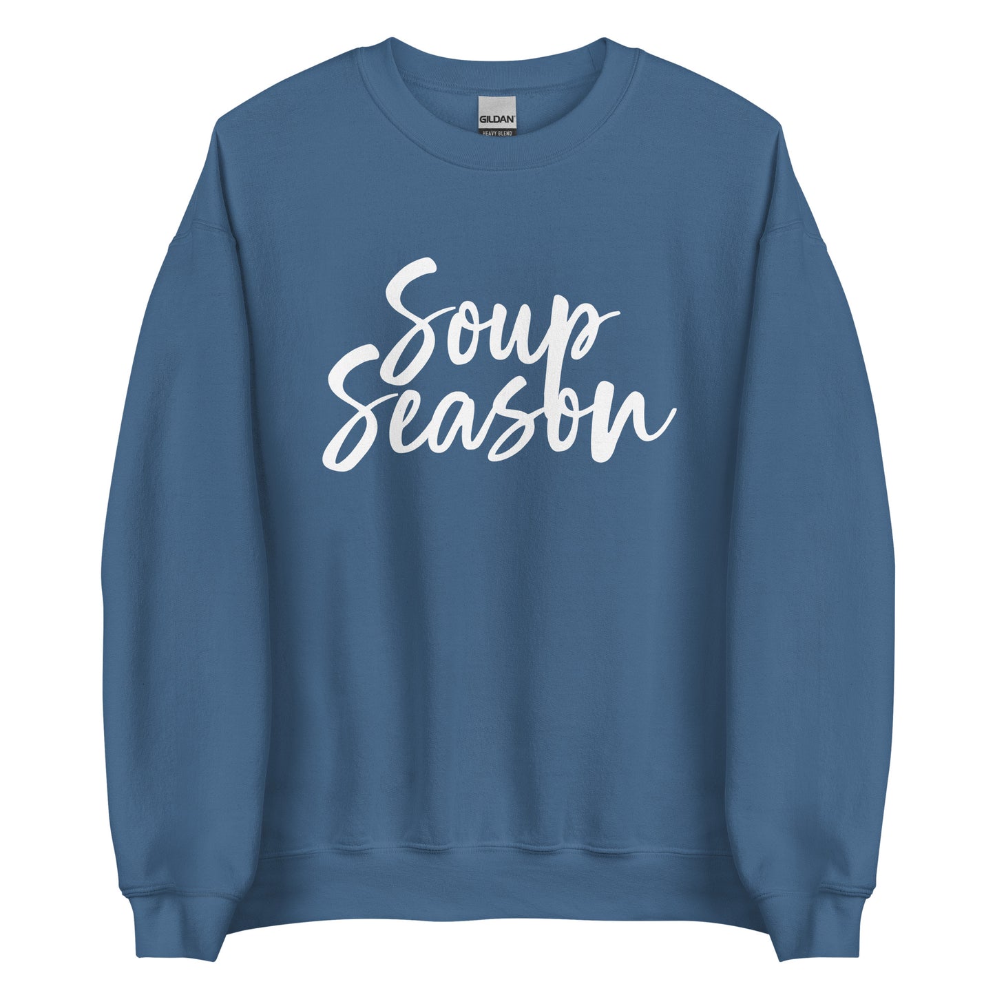 Indigo Blue Soup Season Sweatshirt from Nina's Funky Shop by ninanush - Do you love soup? Looking for a funny gift? Our Soup Season Crewneck Sweatshirt is soft, comfortable and just what you need. It's a unisex sweatshirt that comes in a variety of colors with "Soup Season", expertly printed on the front. A unique and funny soup sweatshirt for cozy nights in or stand out soup lover streetwear. This quirky sweatshirt is designed by Nina and made just for you.